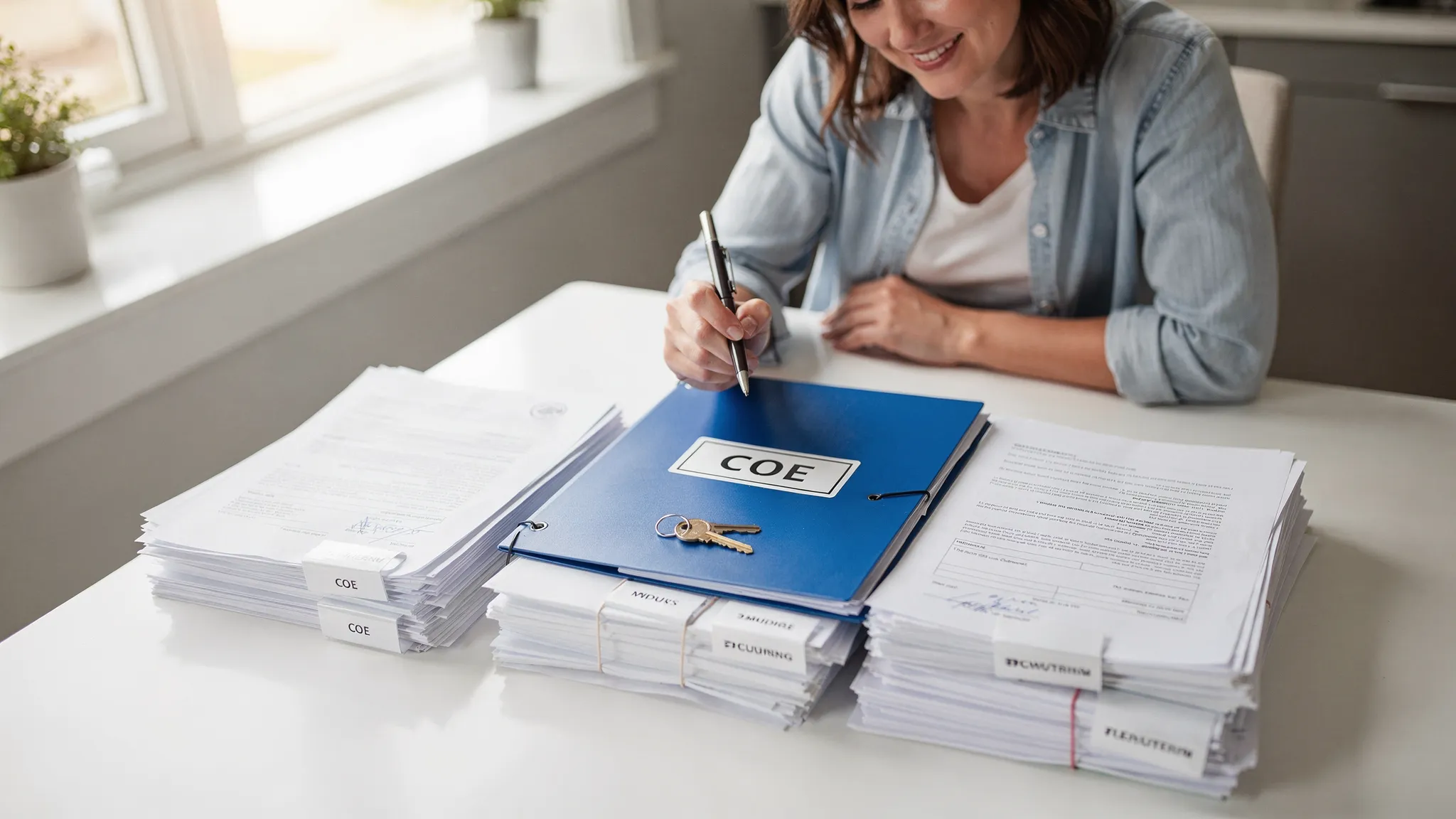 A first-time VA buyer preparing for closing at a kitchen table with organized paperwork, a folder labeled COE, and a house key on top, conveying readiness and confidence.