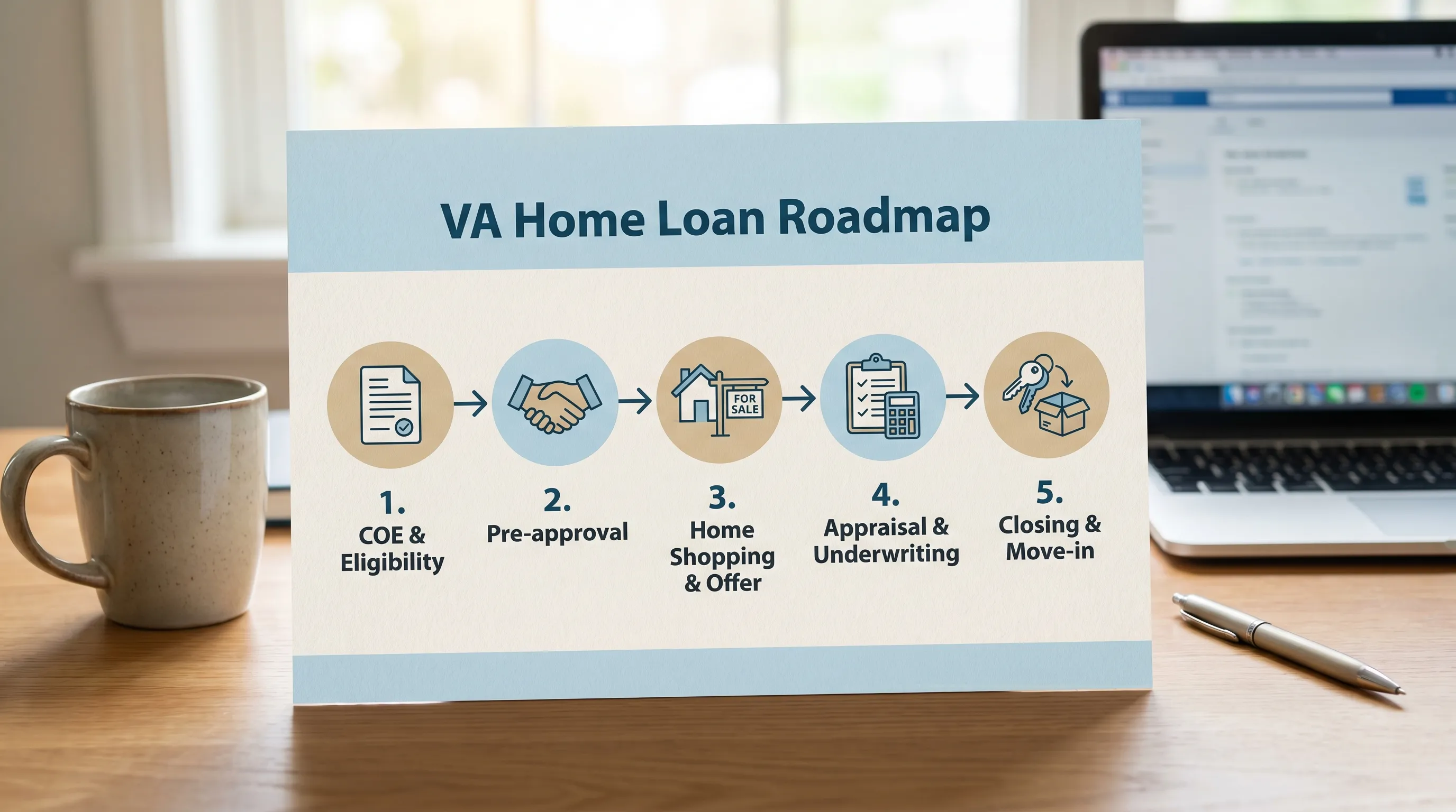 A simple VA home loan roadmap graphic showing five stages: COE and eligibility, pre-approval, home shopping and offer, appraisal and underwriting, closing and move-in.