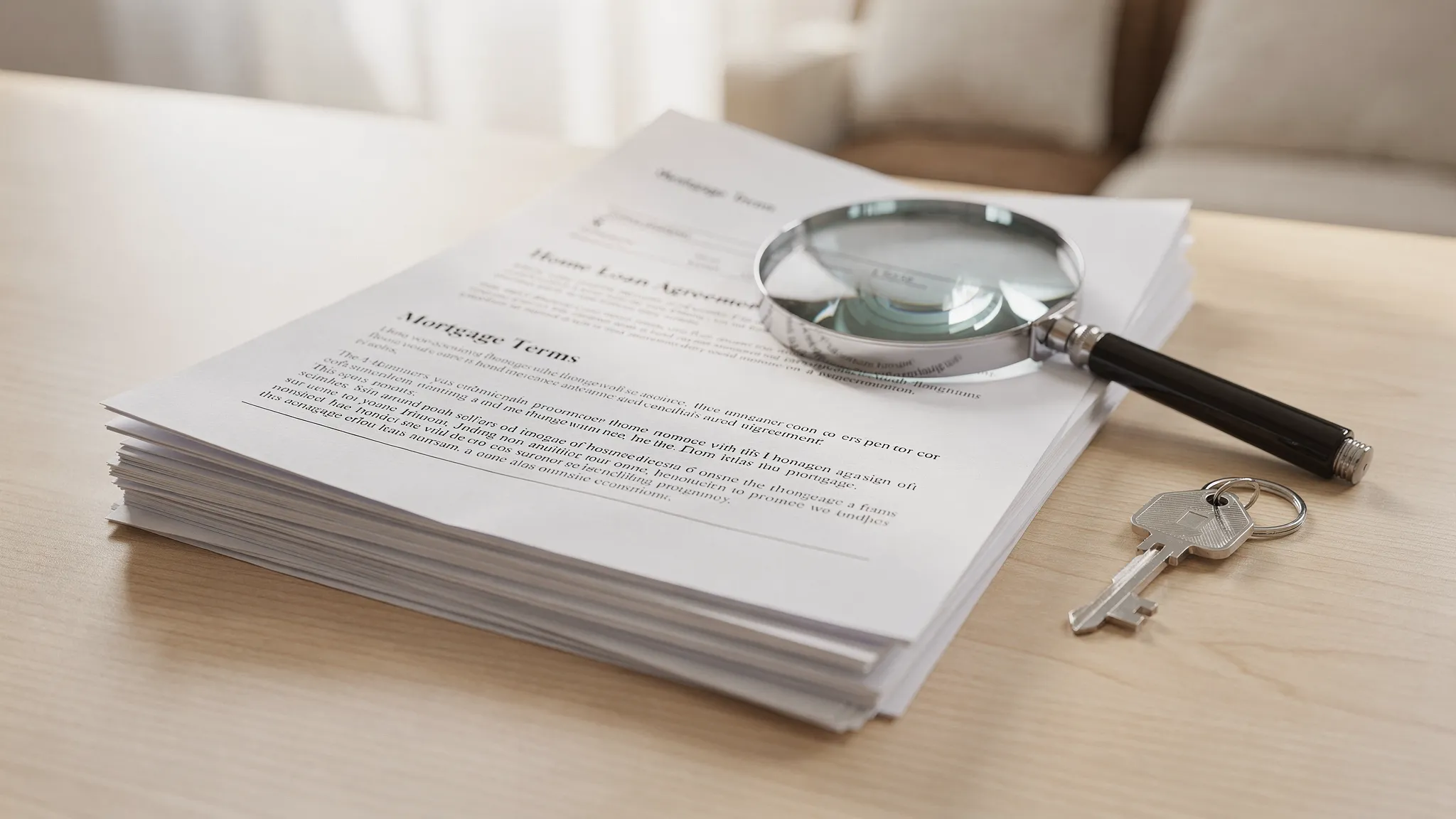 A neat stack of home loan documents on a desk with a magnifying glass and a simple house key nearby, suggesting “review your mortgage paperwork carefully.”