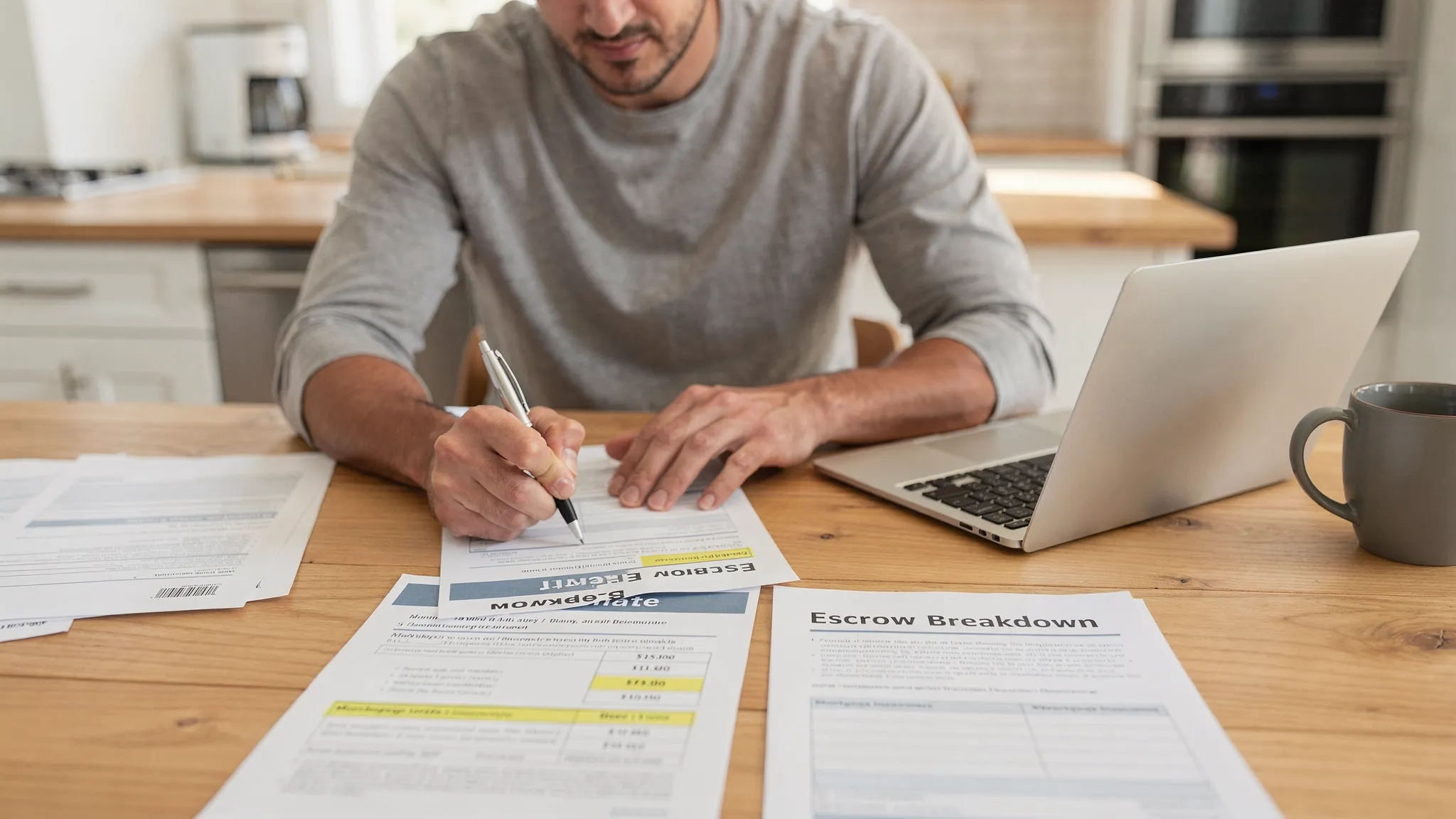 A homeowner reviewing a loan estimate and escrow breakdown at a kitchen table with paperwork neatly arranged, highlighting where mortgage insurance appears in the monthly payment.