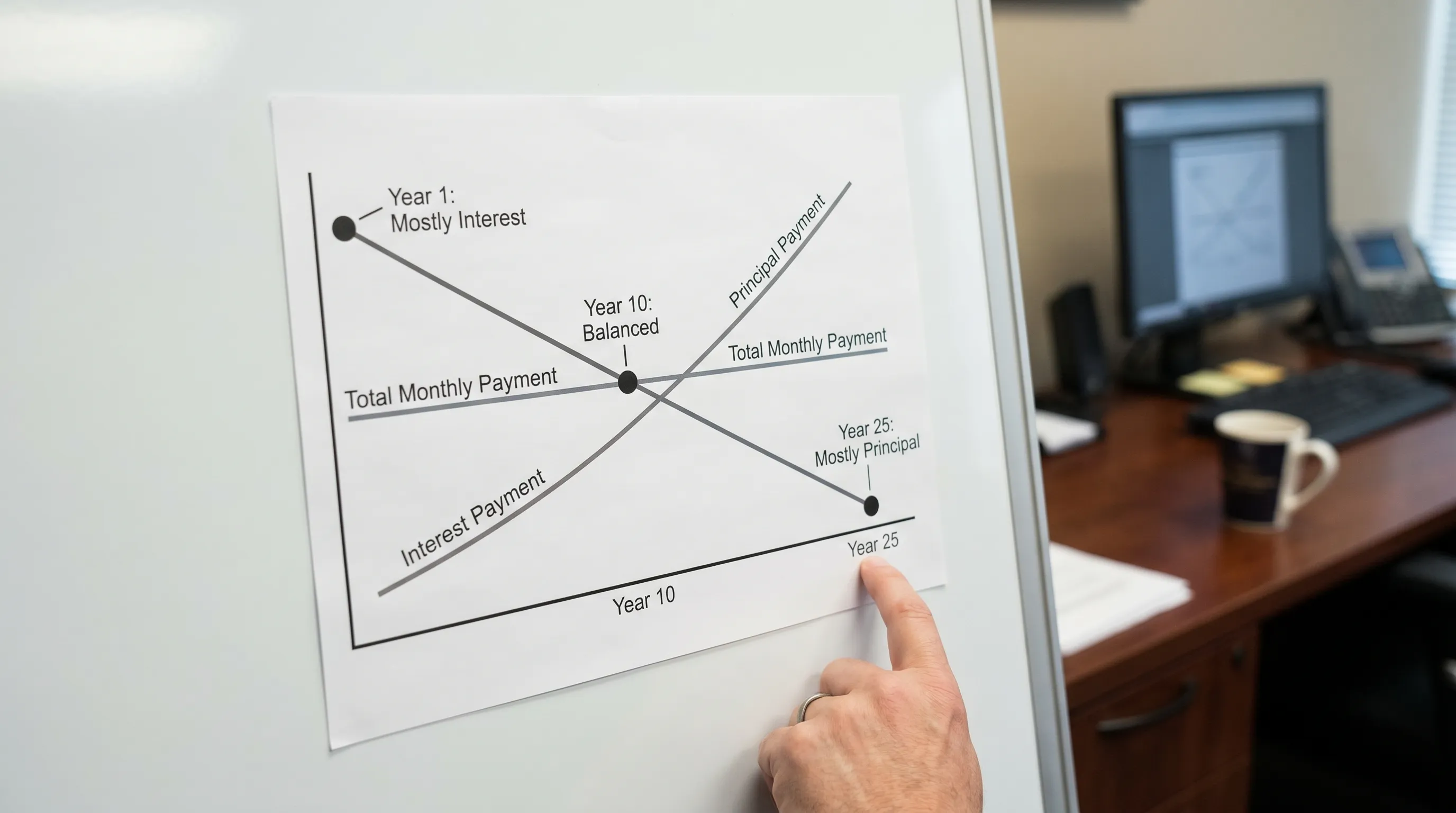 A simple diagram showing an amortization curve over time: early payments mostly interest, later payments mostly principal, with three labeled points for year 1, year 10, and year 25.