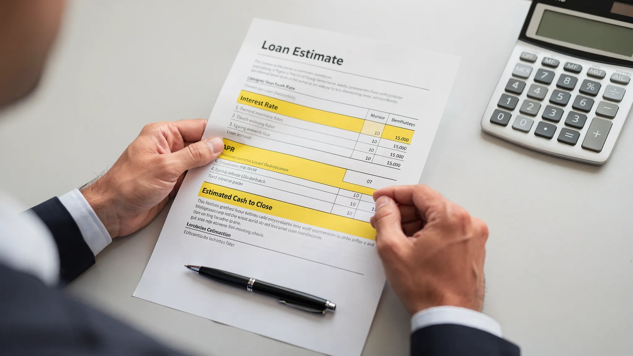 A close-up view of a borrower reviewing a Loan Estimate document with key sections highlighted, including interest rate, APR, and estimated cash to close, alongside a calculator and pen on a clean desk.