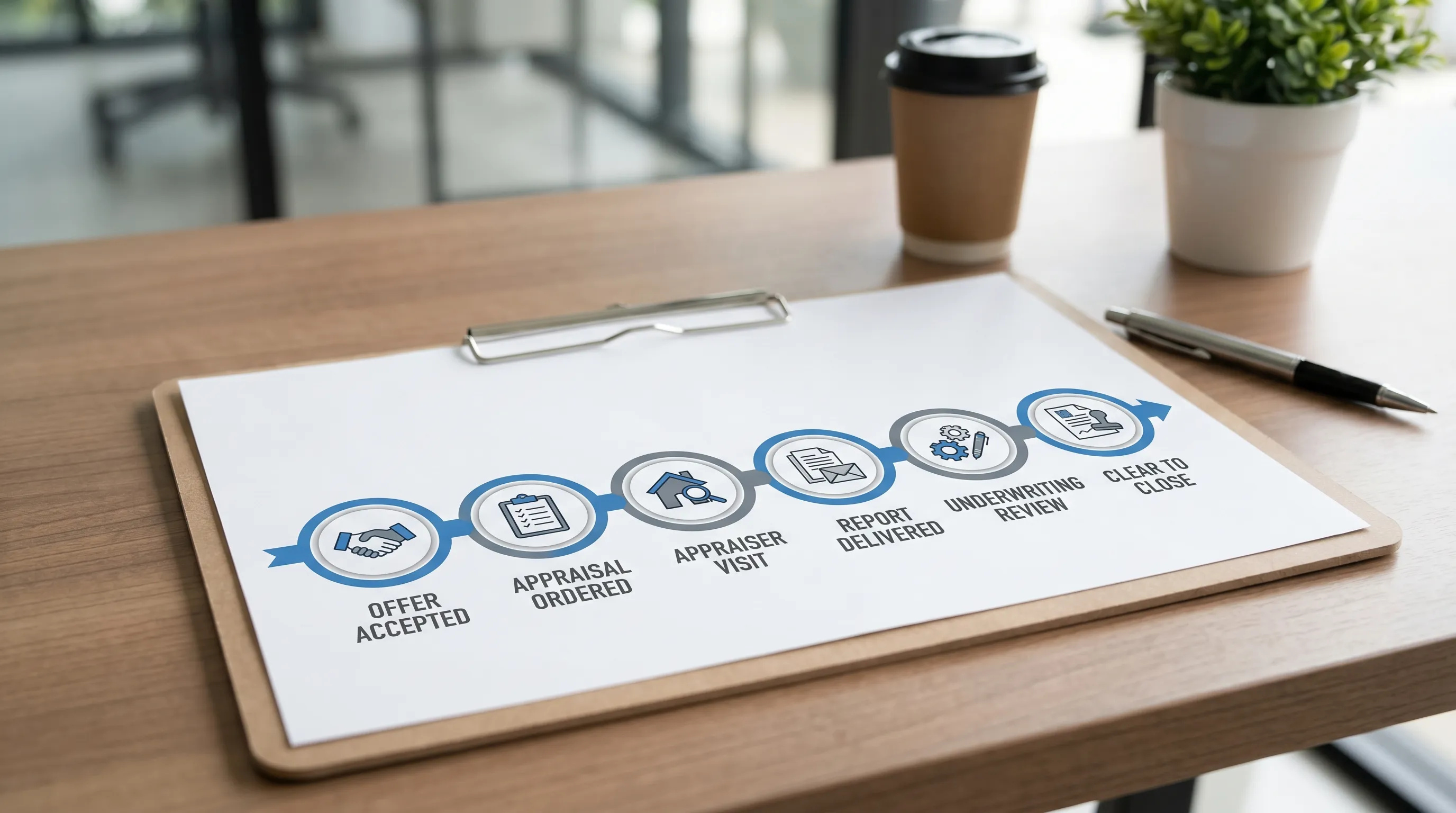 A simple timeline graphic showing: offer accepted, appraisal ordered, appraiser visit, report delivered, underwriting review, clear to close.