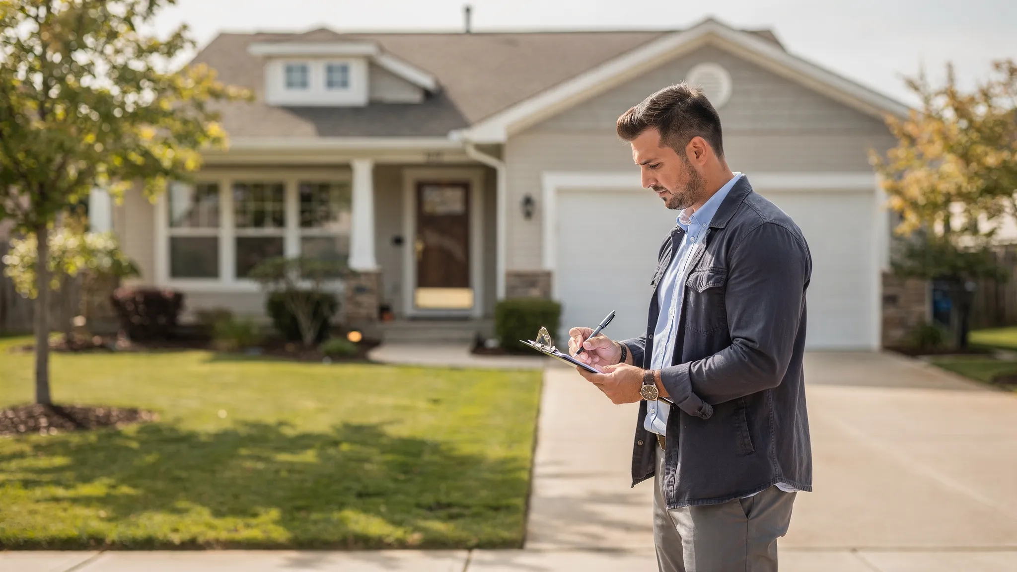 An appraiser standing outside a suburban home with a clipboard, taking notes while looking at the exterior condition and driveway.