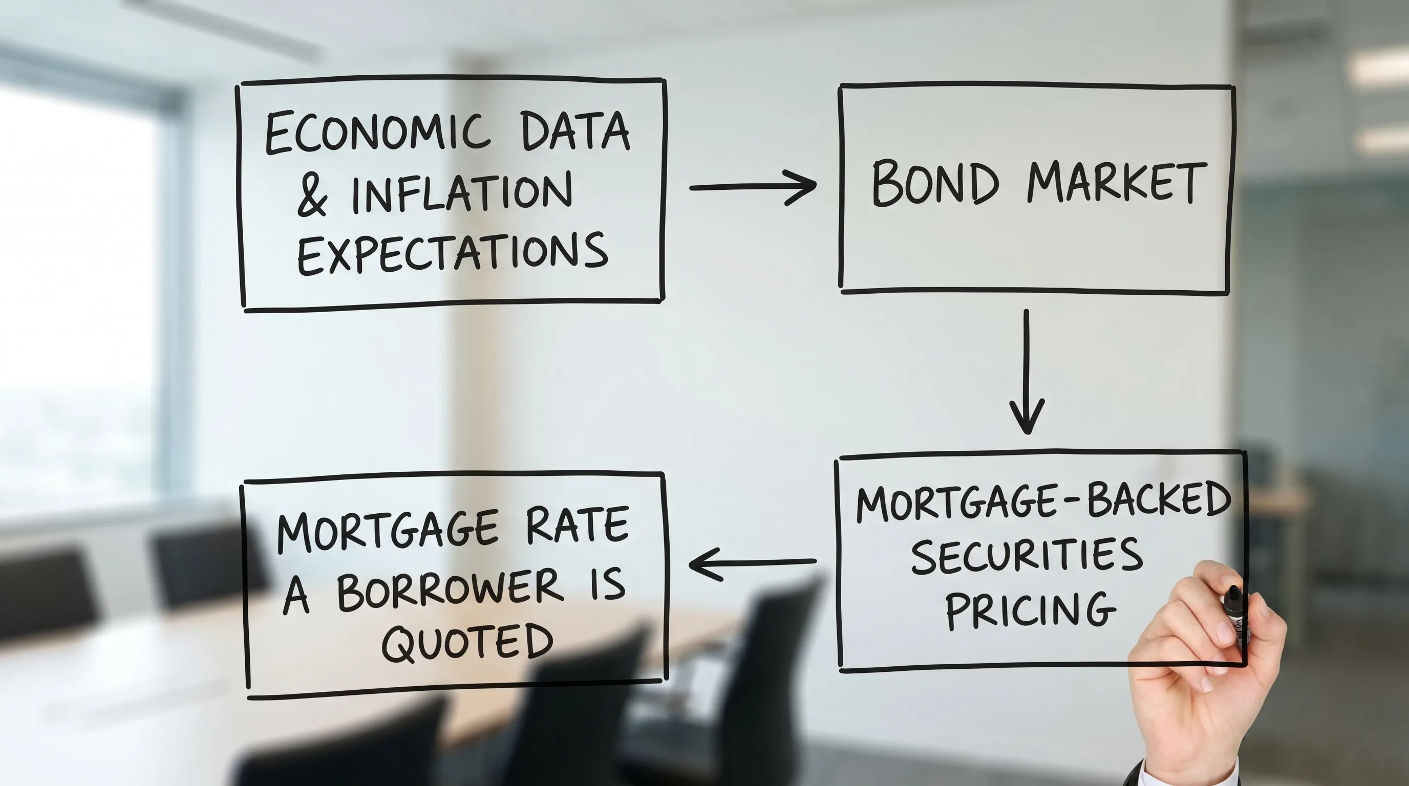 A simple flow diagram showing how economic data and inflation expectations influence the bond market, which influences mortgage-backed securities pricing, which then influences the mortgage rate a borrower is quoted. The diagram has four labeled boxes connected by arrows.