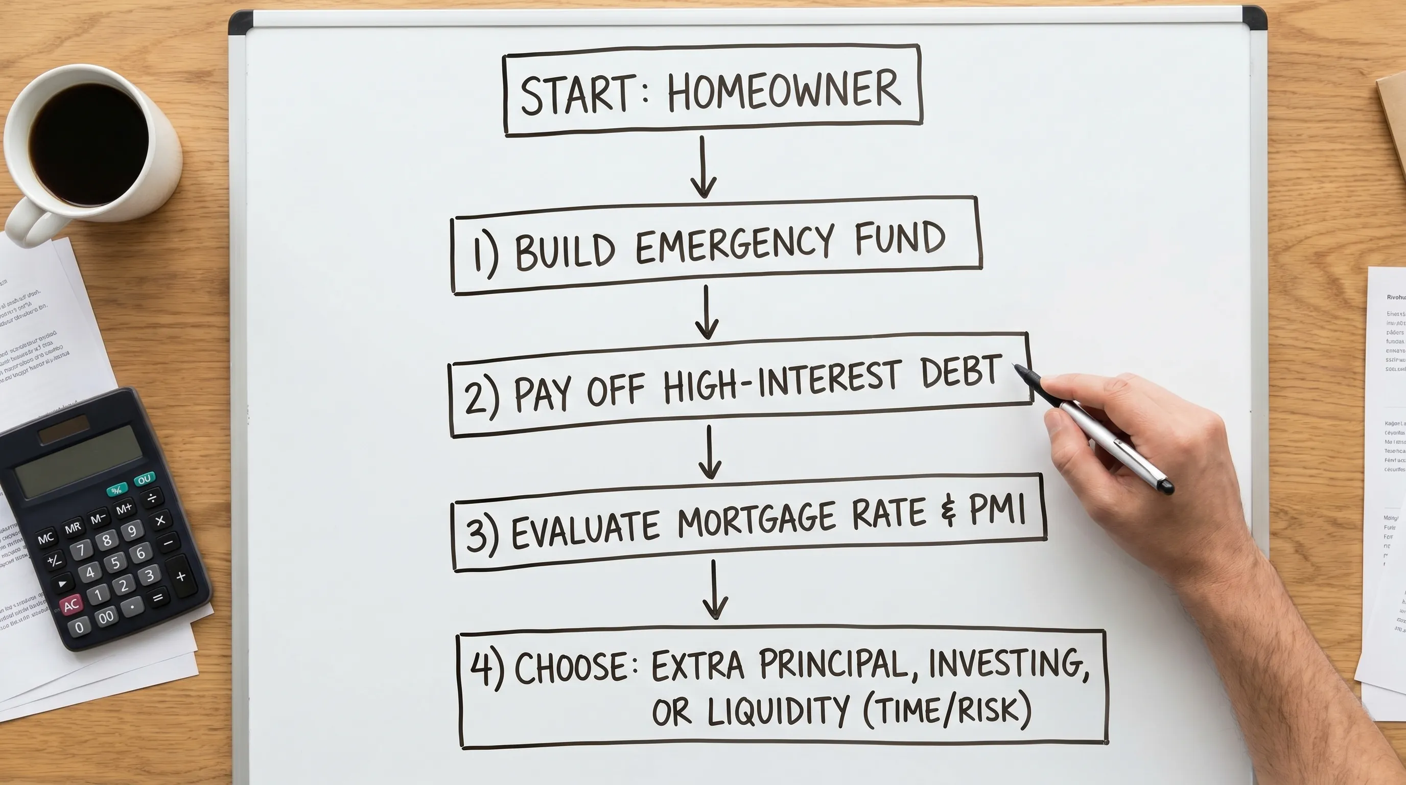 A simple four-box decision flowchart for homeowners: 1) Build emergency fund, 2) Pay off high-interest debt, 3) Evaluate mortgage rate and PMI, 4) Choose between extra principal, investing, or keeping liquidity based on time horizon and risk tolerance.