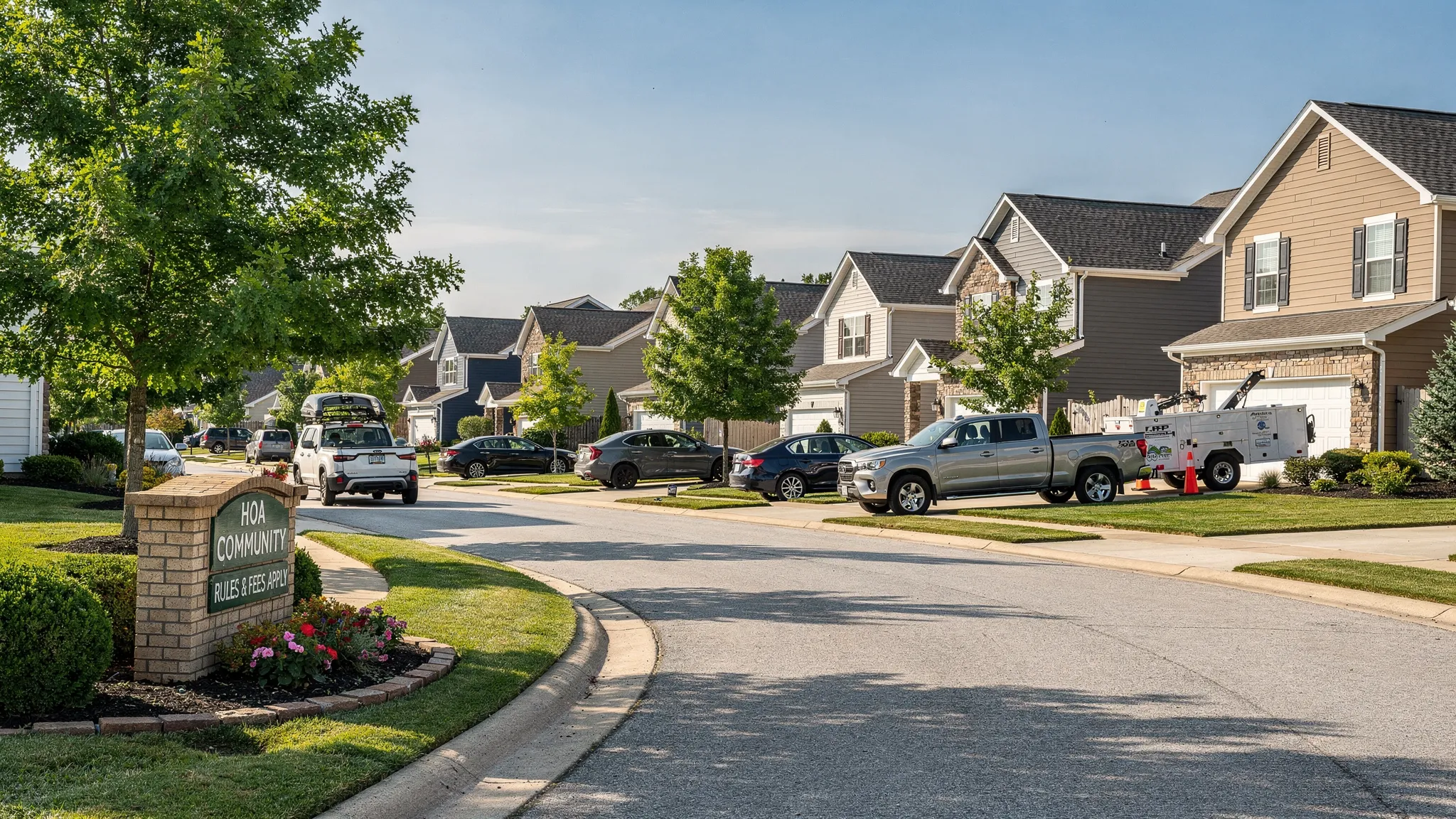 A suburban neighborhood street with parked cars and clean curbs, a small HOA sign near the entrance, and a maintenance crew vehicle in the distance representing ongoing community upkeep costs.