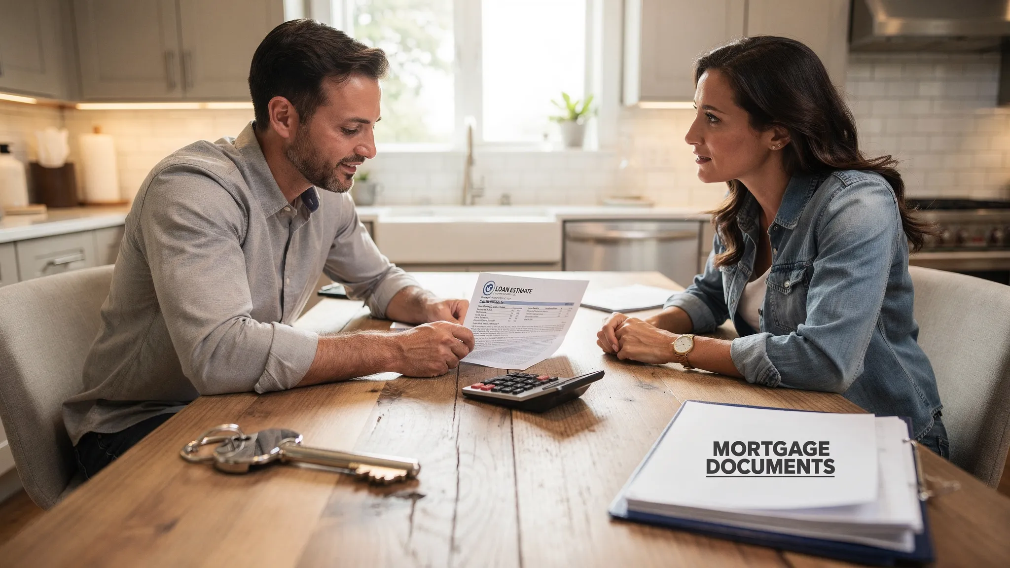 A first-time homebuyer sits at a kitchen table reviewing a loan estimate and closing disclosure with a loan officer, with a house key, a calculator, and a folder labeled “Mortgage Documents” on the table.