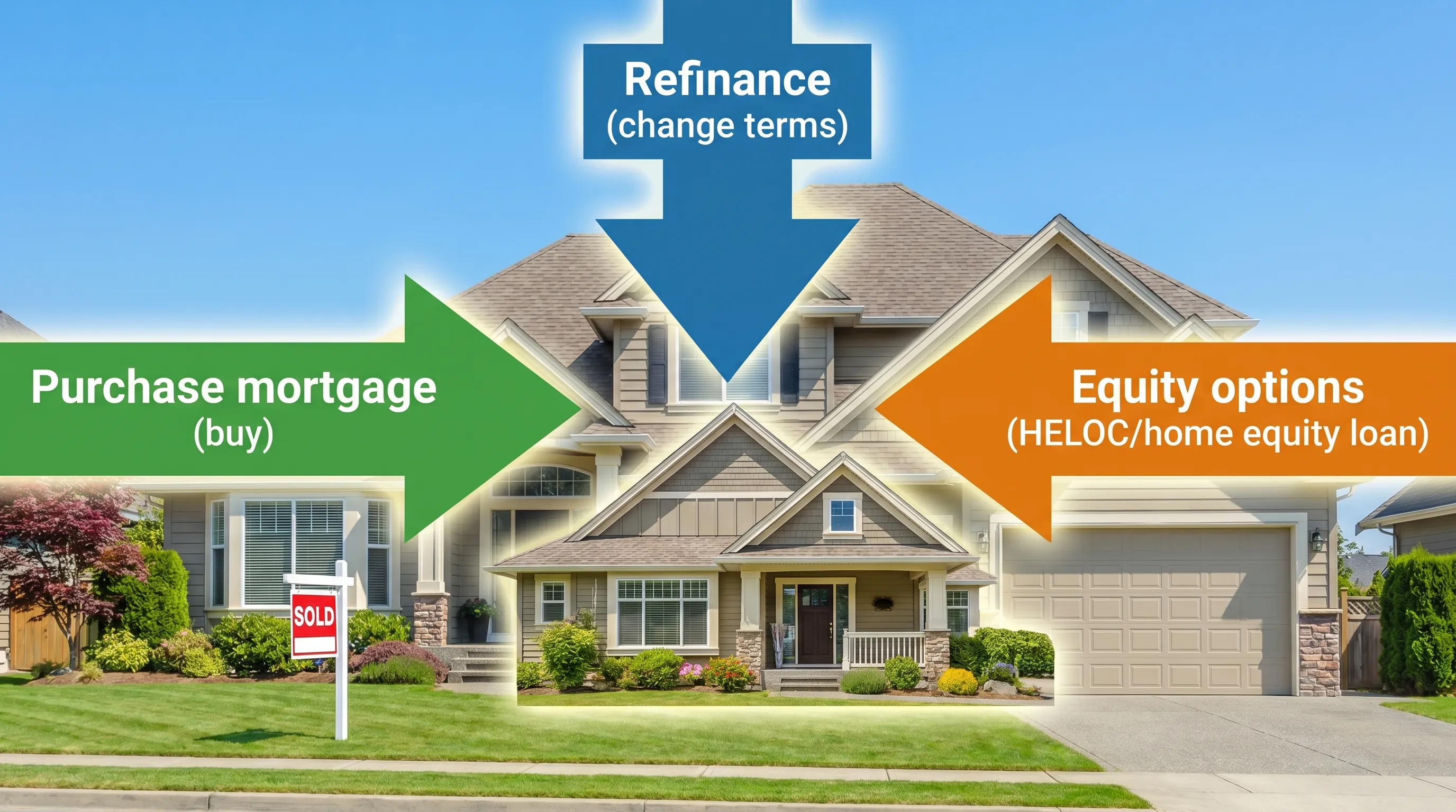 A simple visual showing a house with three labeled arrows: “Purchase mortgage (buy),” “Refinance (change terms),” and “Equity options (HELOC/home equity loan),” illustrating how “home loan” can include multiple types of financing.