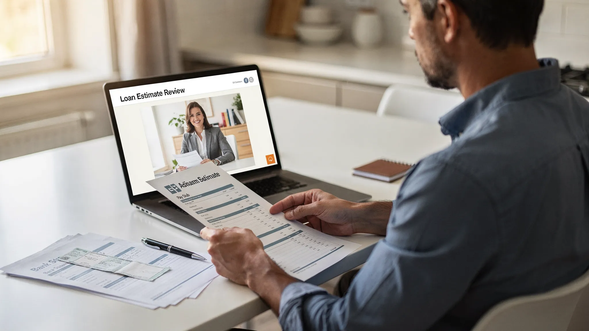 A borrower at a kitchen table reviewing a Loan Estimate with a lender on a video call, with the laptop screen facing the viewer and simple paperwork like pay stubs and bank statements visible on the table.