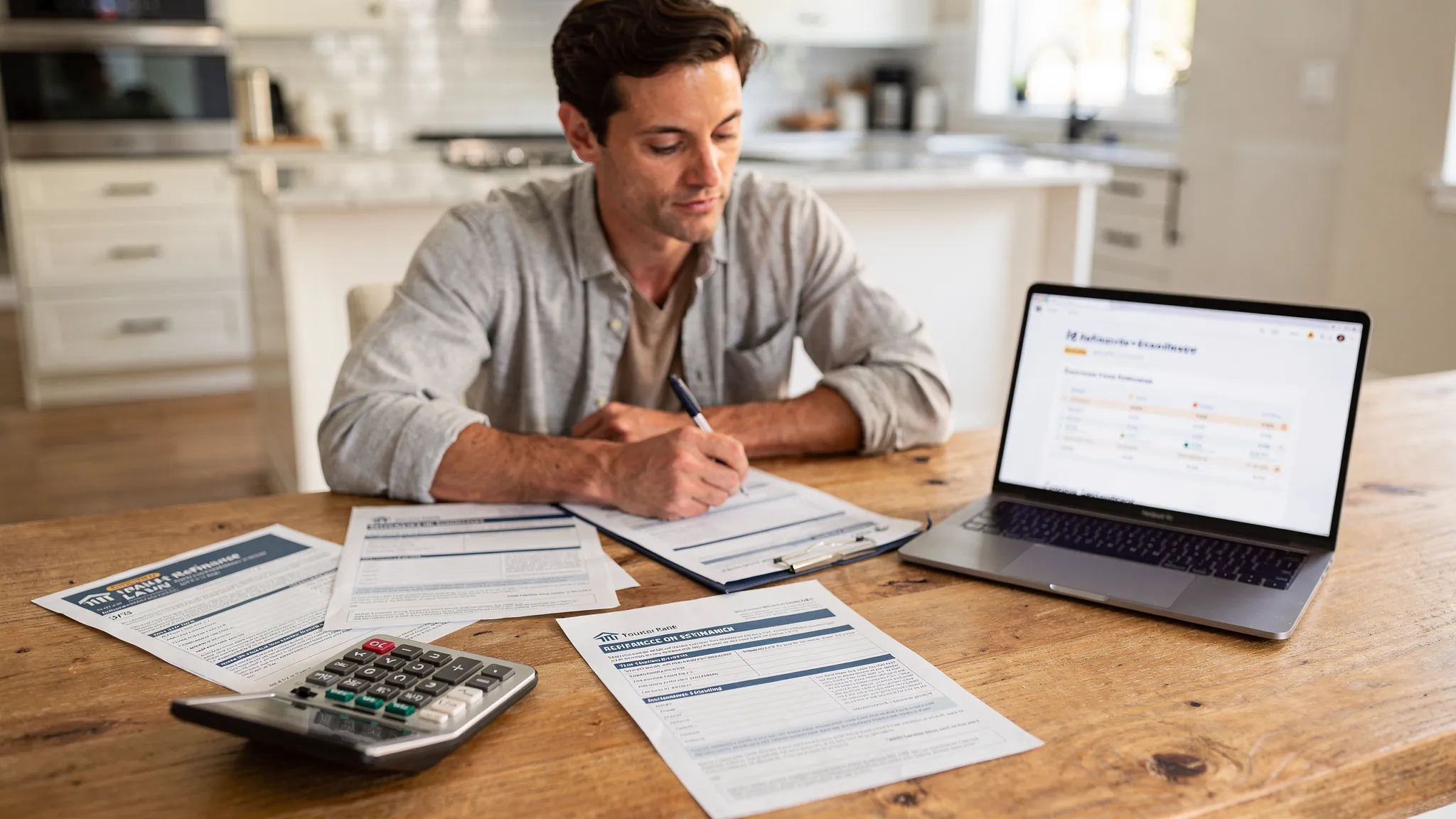 A homeowner reviewing refinance loan estimates, closing cost sheets, and a calculator on a kitchen table while comparing mortgage rate options.