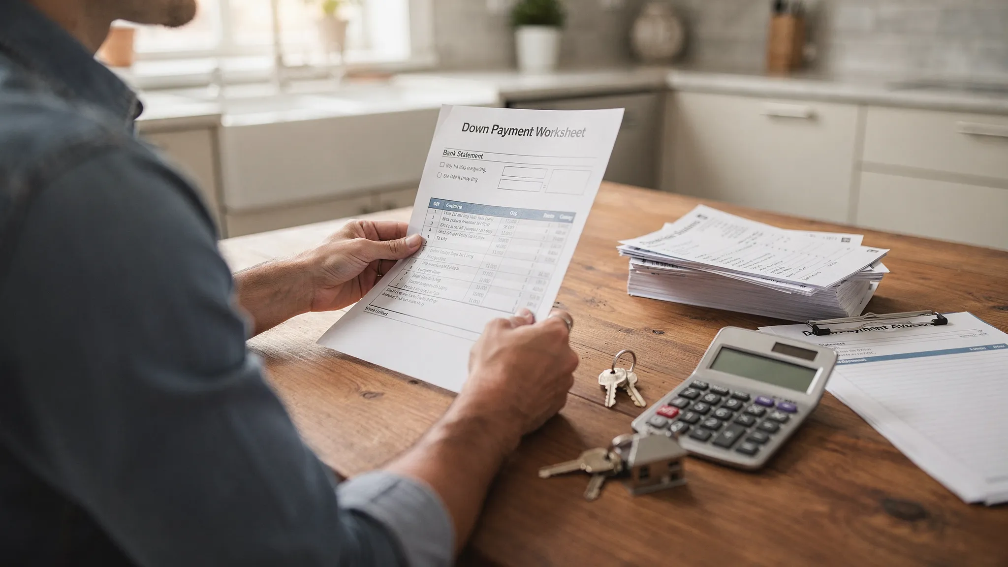 A homebuyer reviewing a mortgage estimate with house keys, a calculator, bank statements, and a simple down payment worksheet on a kitchen table.