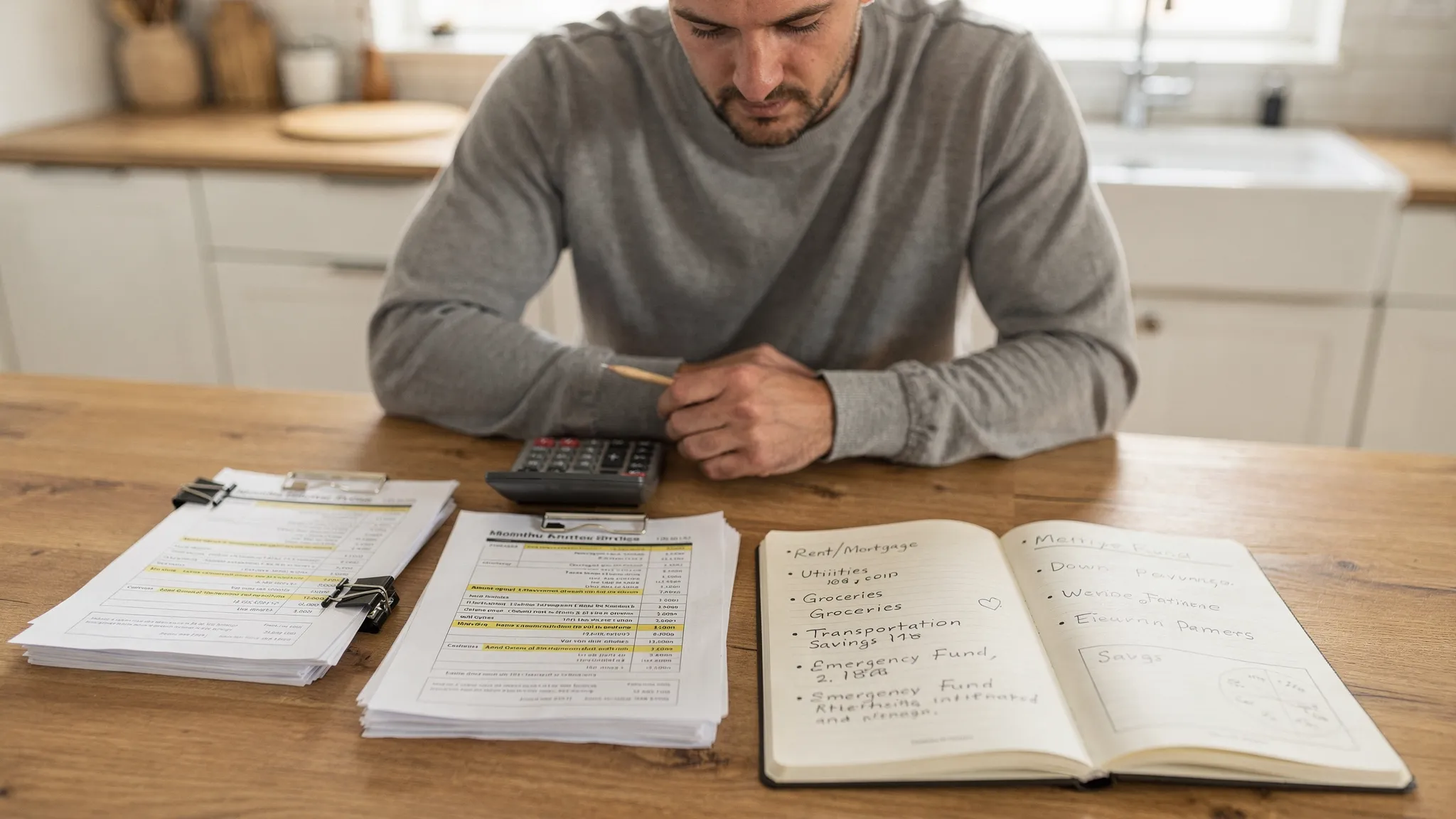 A homeowner reviews mortgage documents and a calculator on a kitchen table, with a notebook showing monthly budget categories and savings goals.