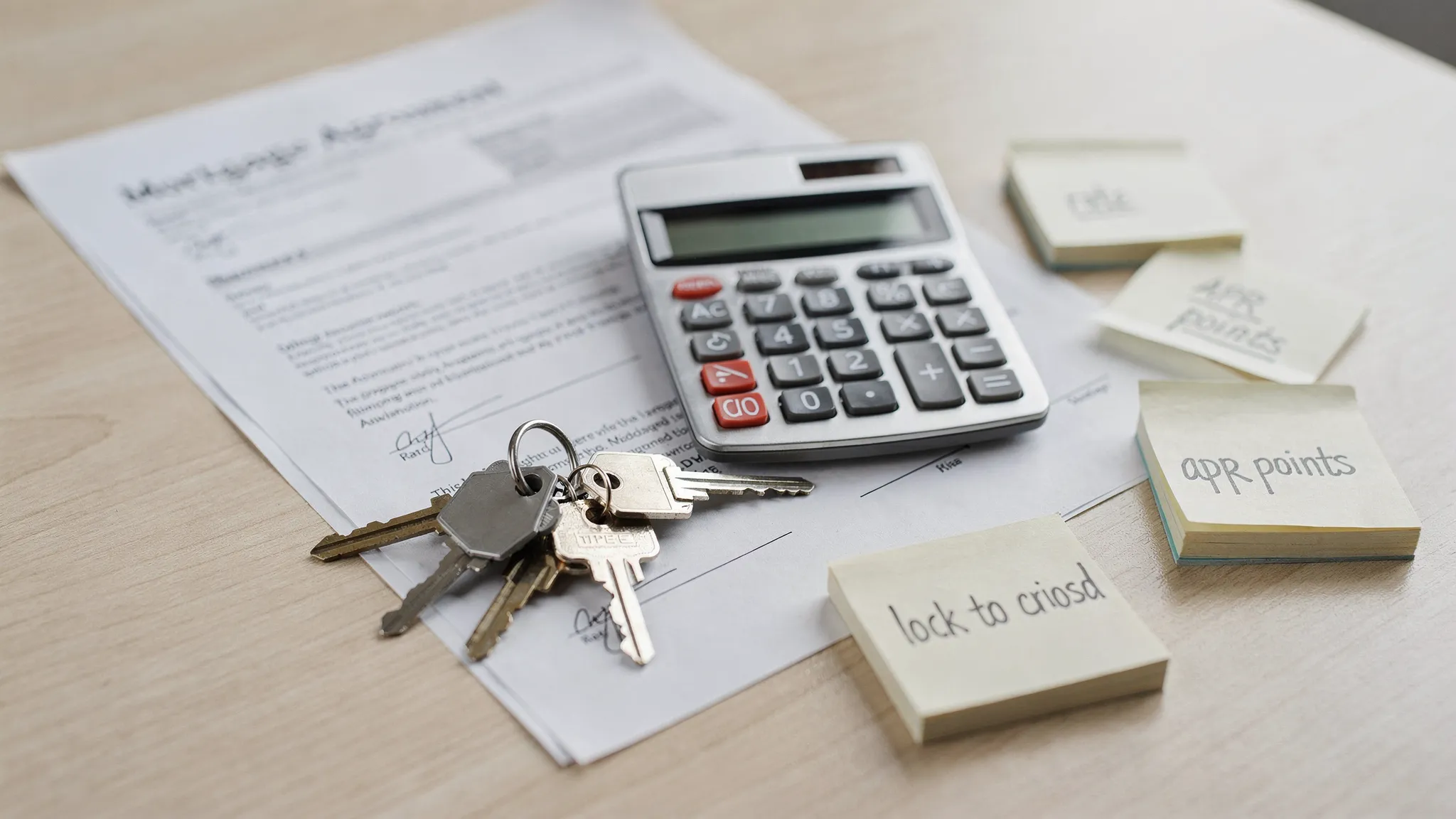 A set of house keys beside a calculator, mortgage paperwork, and handwritten notes labeled rate, APR, points, lock period, and cash to close.