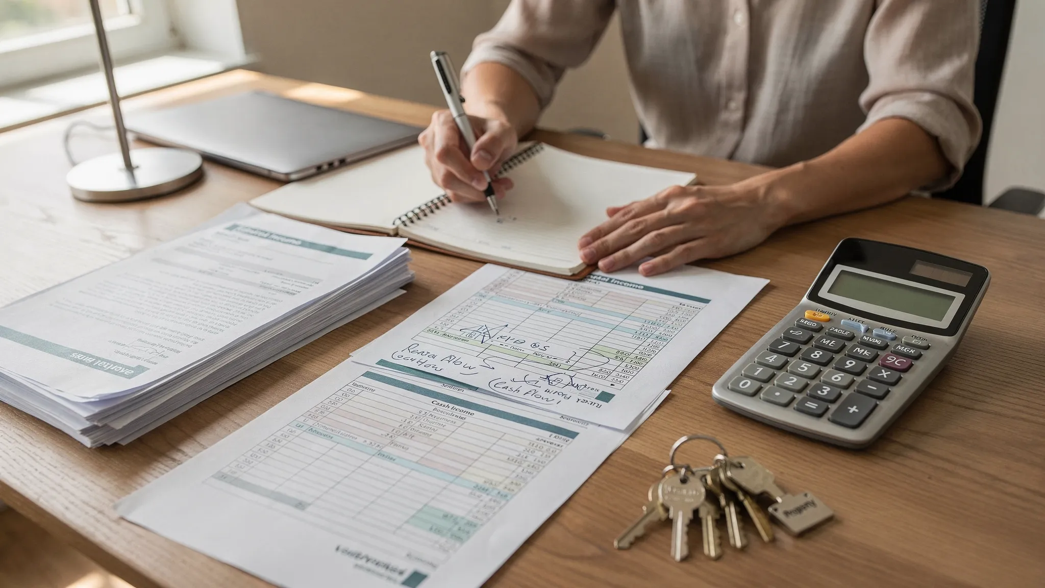 A real estate investor reviewing rental property documents, mortgage paperwork, and cash flow notes at a desk with a calculator and house keys nearby.