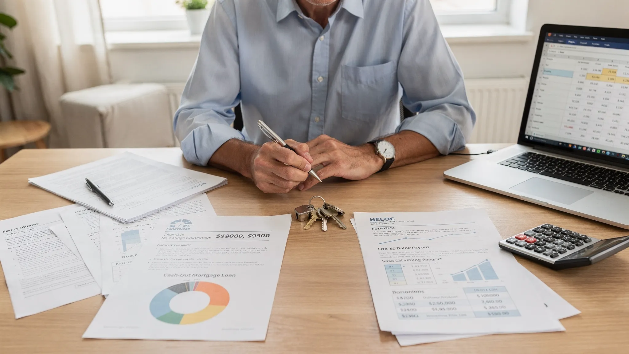 A homeowner reviews two equity options, one showing a fixed lump sum from a cash-out mortgage loan and the other showing a flexible revolving HELOC line, with house keys and loan documents on a desk.