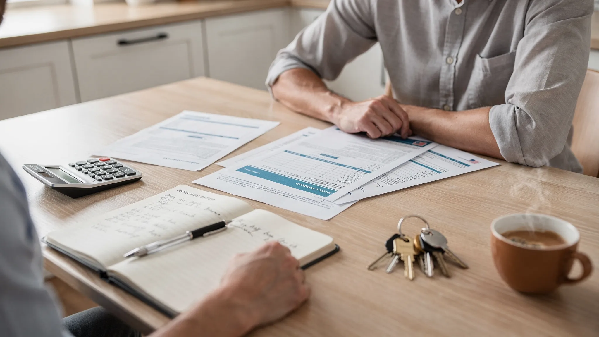 A homebuyer reviewing printed mortgage offer documents with a calculator, notebook, house keys, and a cup of coffee on a kitchen table.