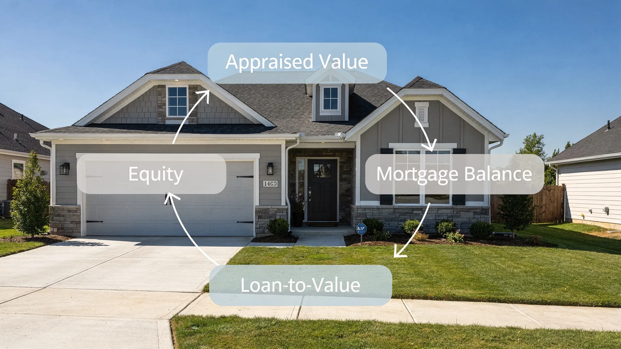 A suburban home with a simple visual overlay showing appraised value, mortgage balance, equity, and loan-to-value connected by arrows.