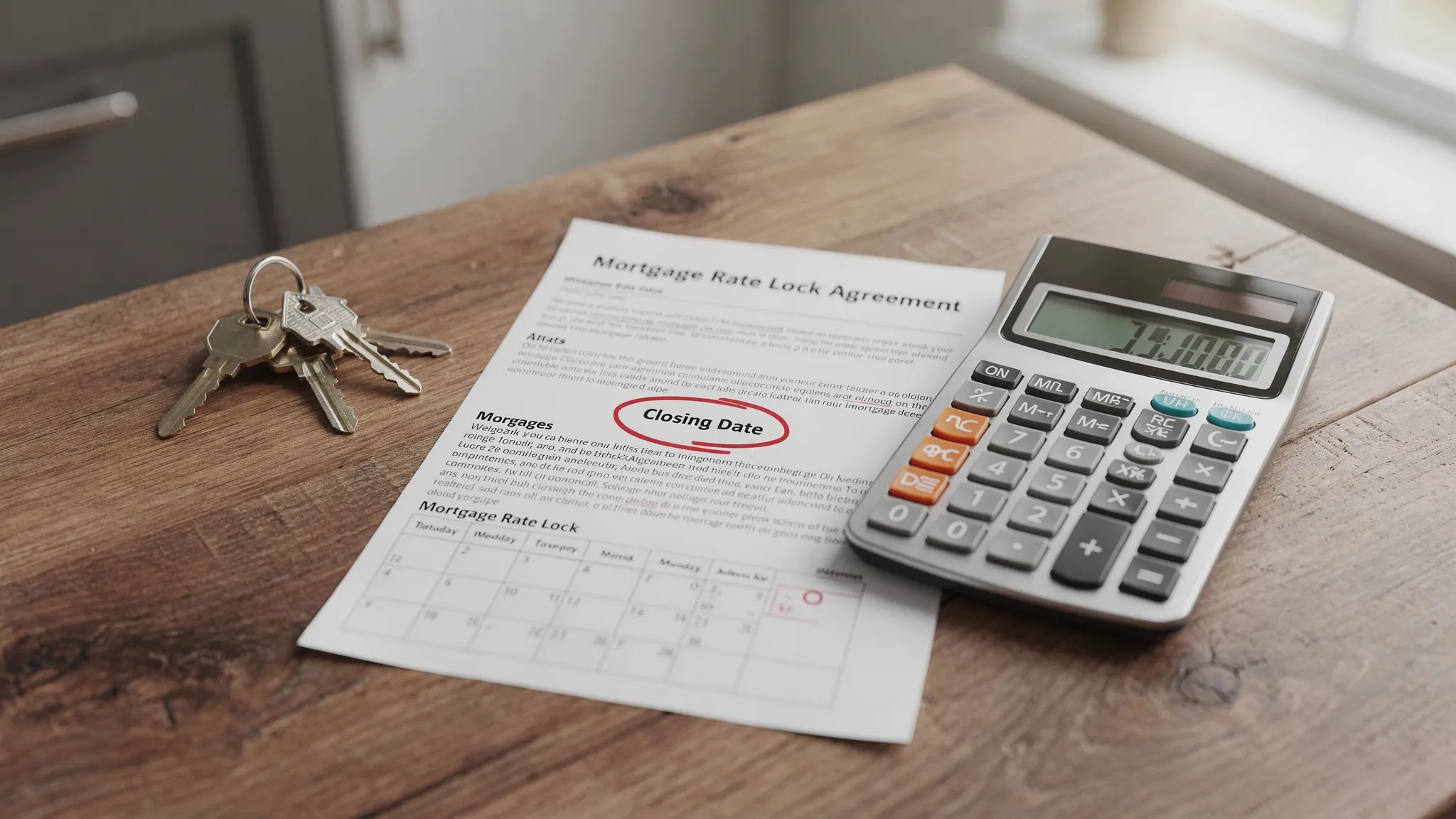 A kitchen table with home keys, a calendar marked with a closing date, a mortgage rate lock document, and a calculator showing a homebuyer preparing to decide whether to lock a mortgage rate.