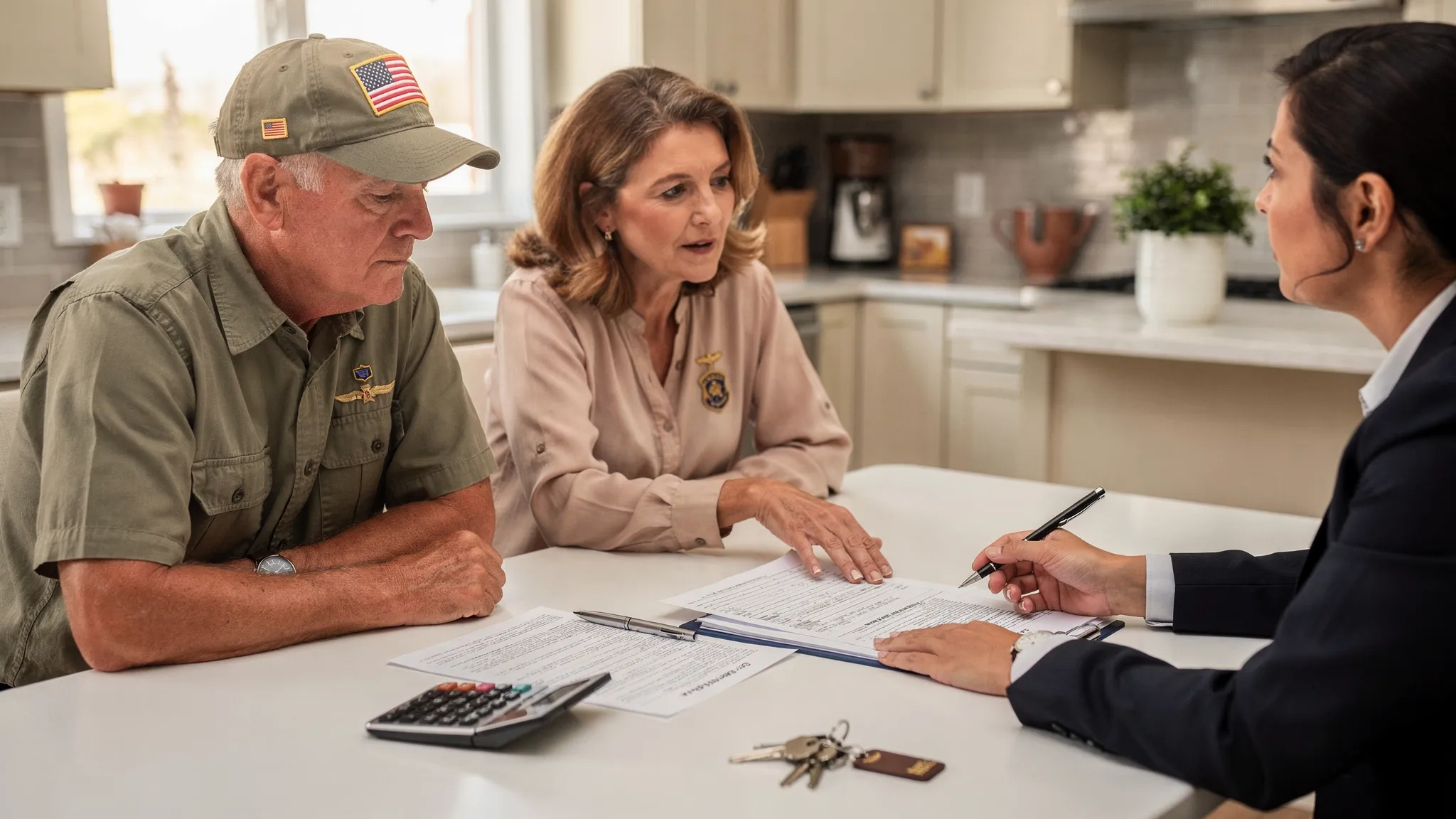 A veteran couple reviewing a mortgage offer with a loan officer at a kitchen table, with documents, a calculator, and house keys visible.