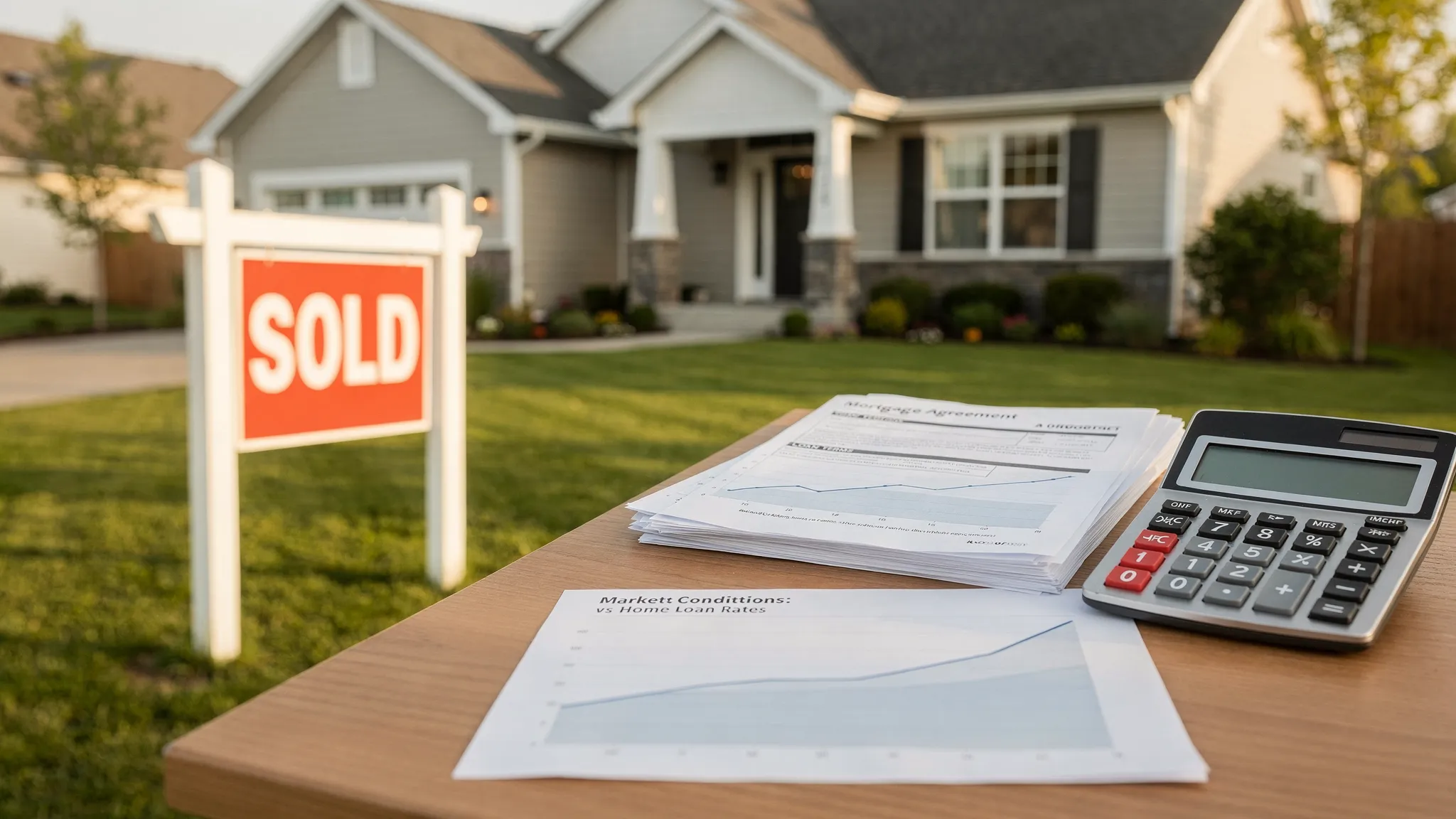 A residential home with a sold sign in the yard, mortgage documents, a calculator, and a subtle line graph illustrating how market conditions influence home loan rates.
