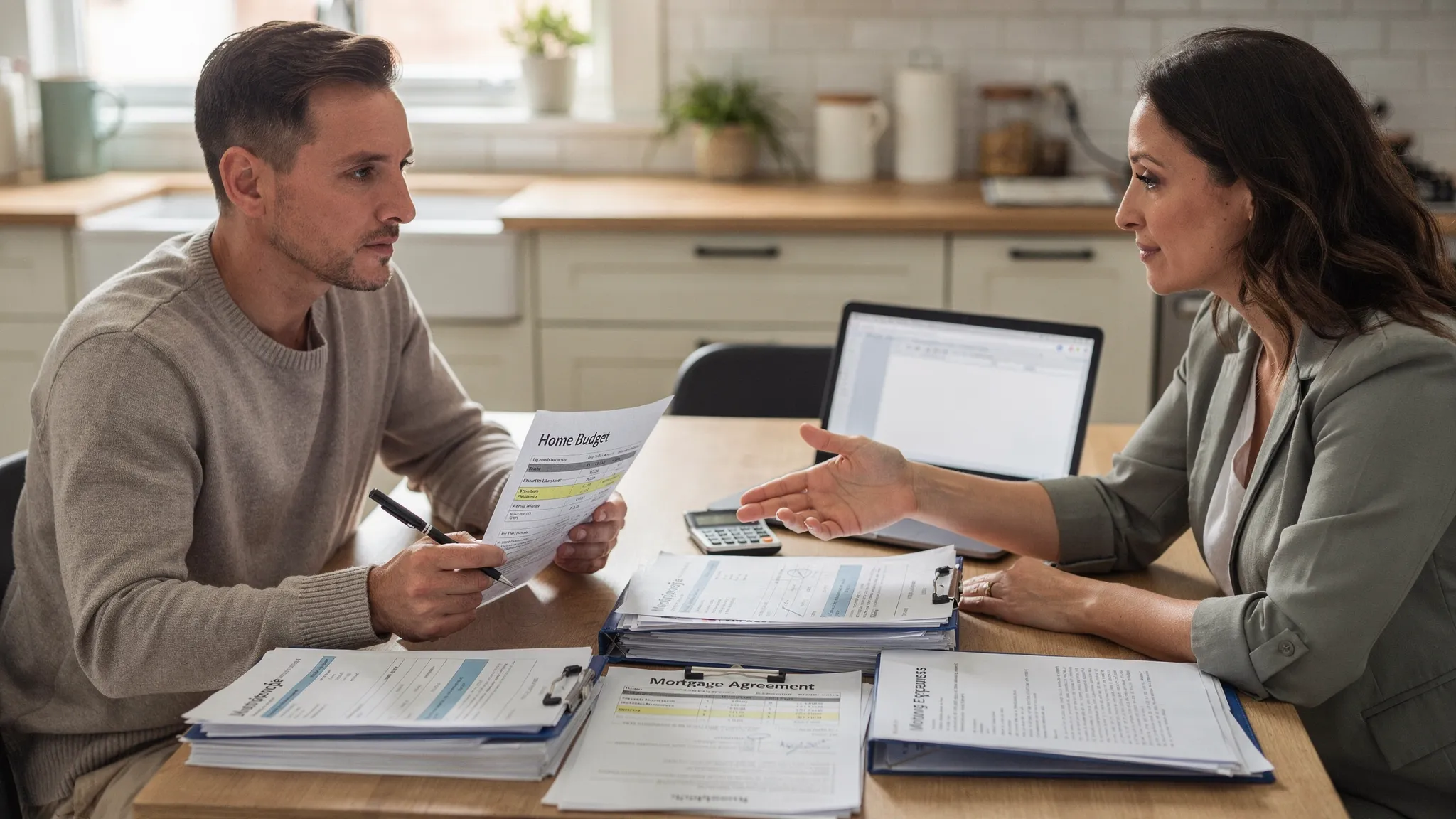 A first-time homebuyer reviewing a home budget, mortgage documents, inspection notes, and moving expense estimates at a kitchen table with a mortgage advisor.