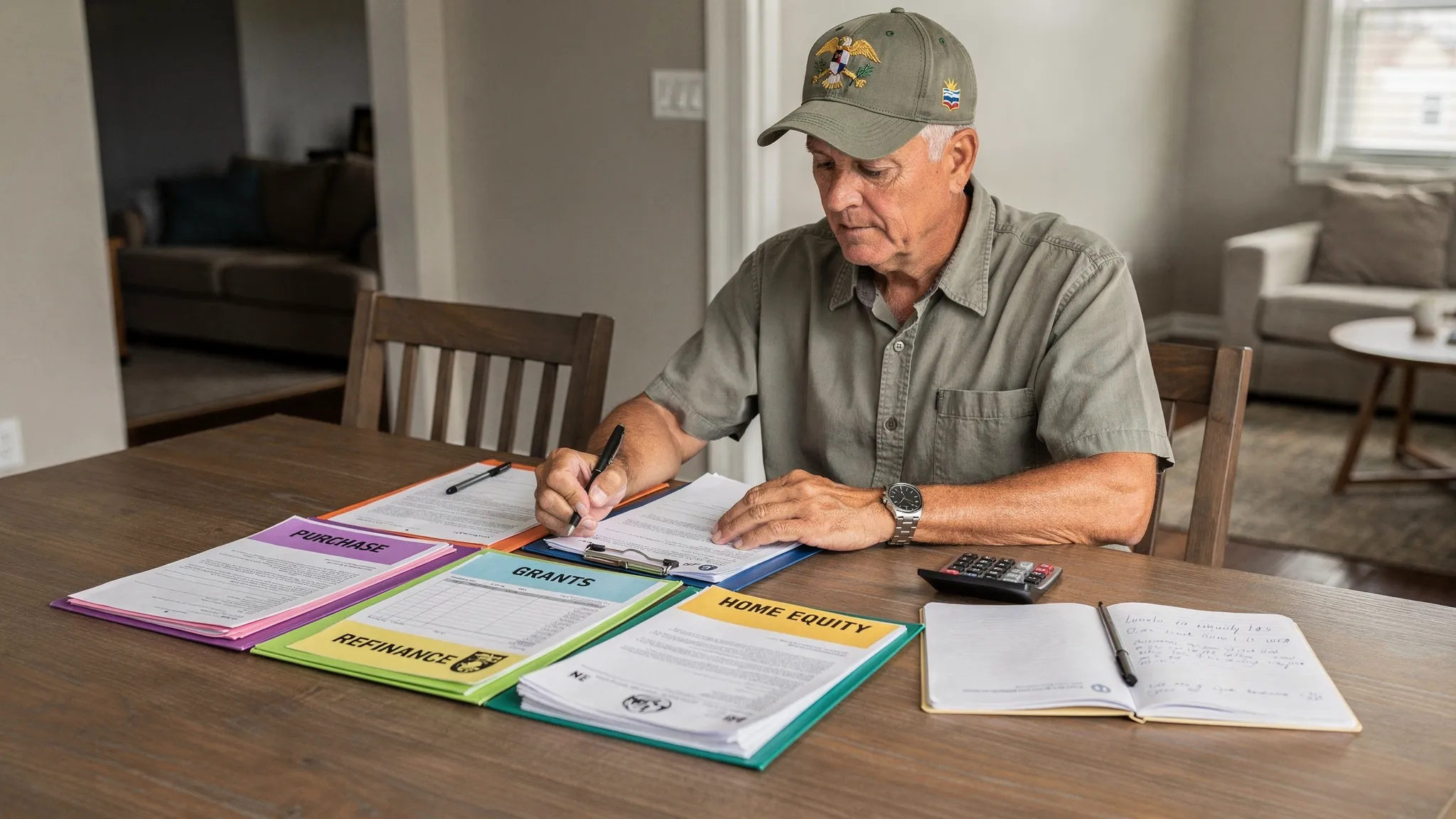 A veteran homeowner reviewing home financing options at a dining table with organized folders for purchase, refinance, grants, and home equity, with a calculator and notepad beside the papers.