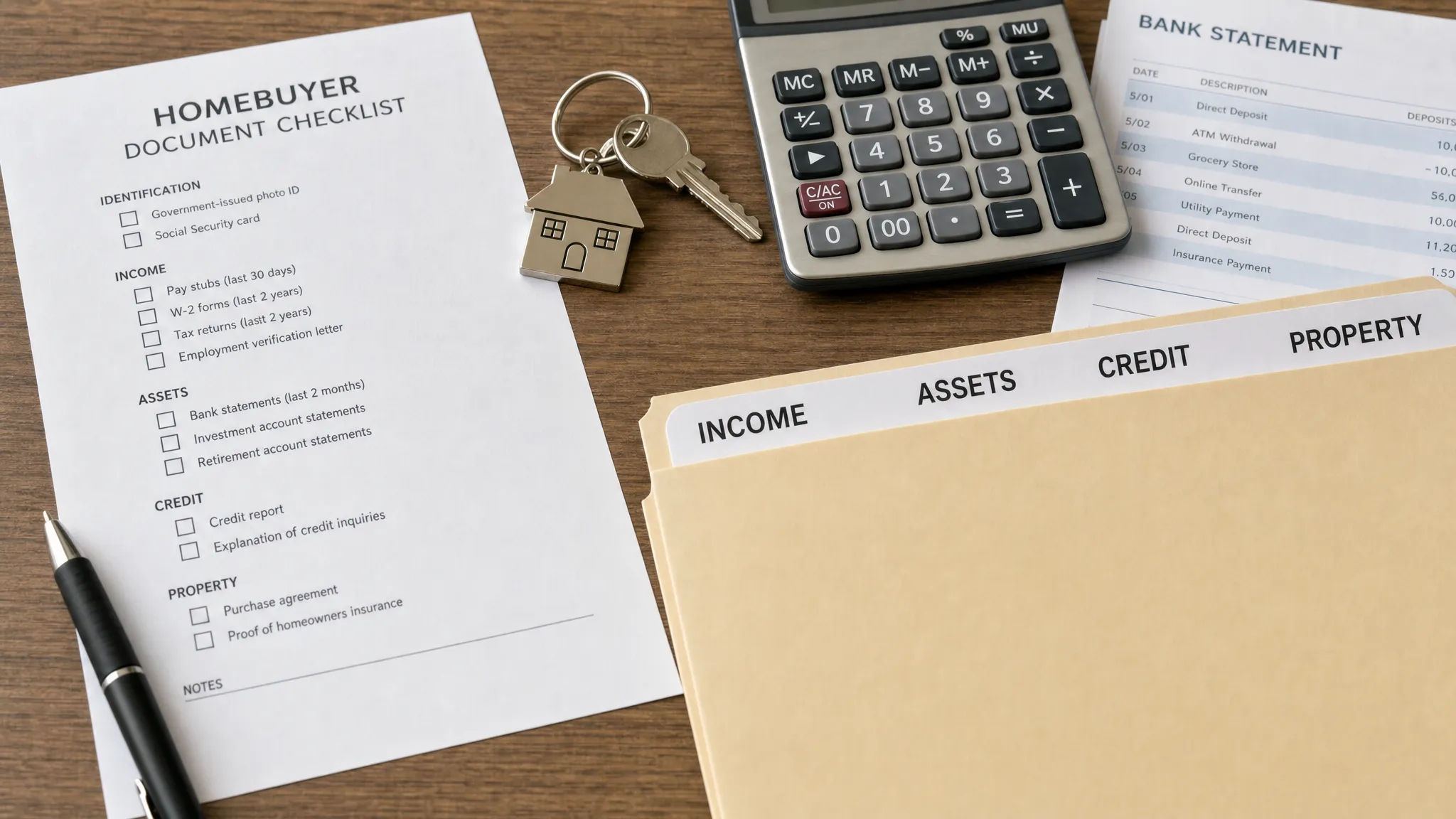 A homebuyer document checklist beside house keys, a calculator, bank statements, and a folder labeled income, assets, credit, and property.