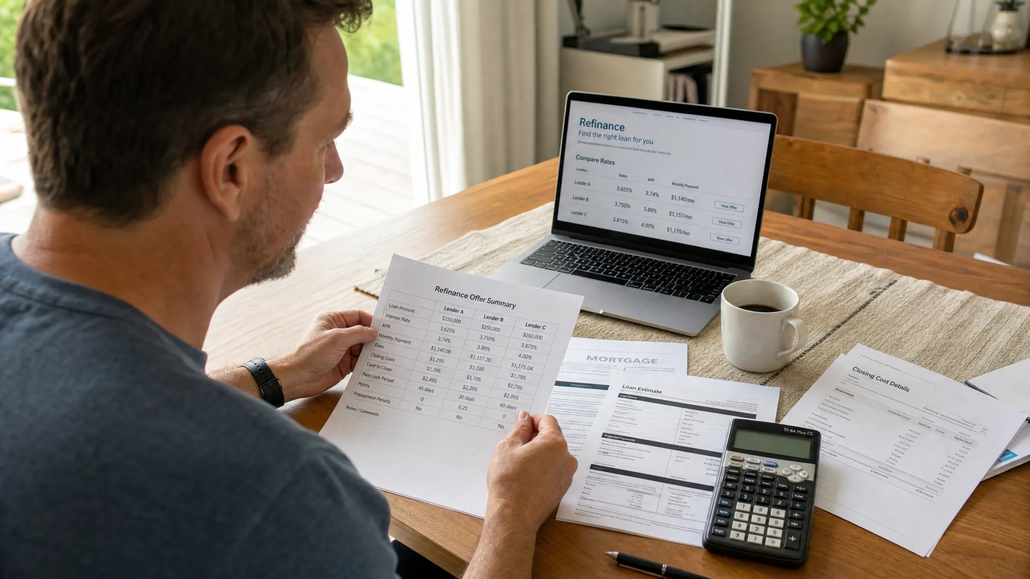 A homeowner reviewing refinance offers on paper with a calculator and mortgage documents spread out on a dining table, with a laptop open nearby and a cup of coffee beside the papers.