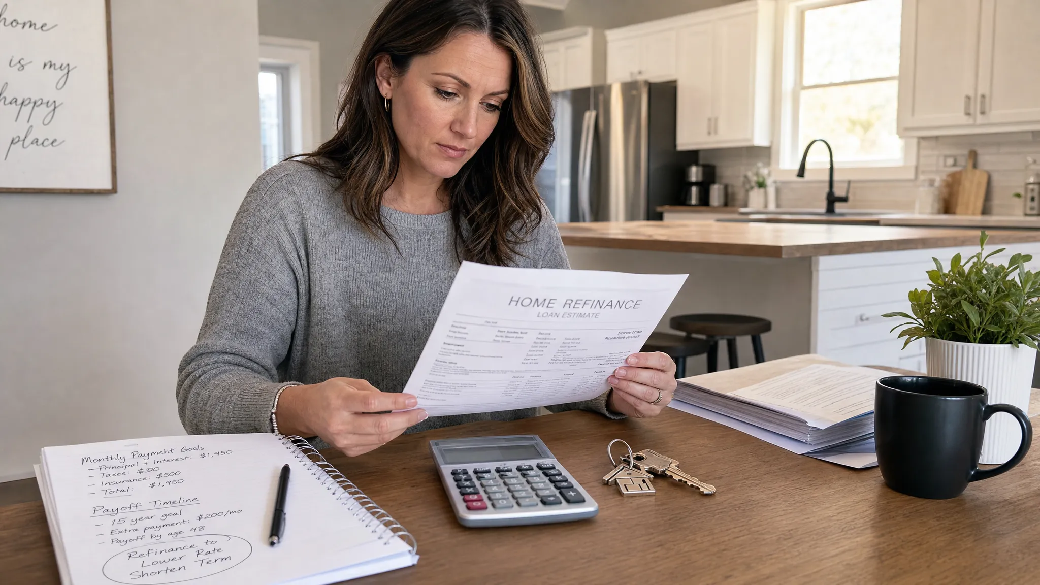 A homeowner reviews refinance documents at a kitchen table with a calculator, house keys, and a notebook showing monthly payment goals and payoff timeline notes.