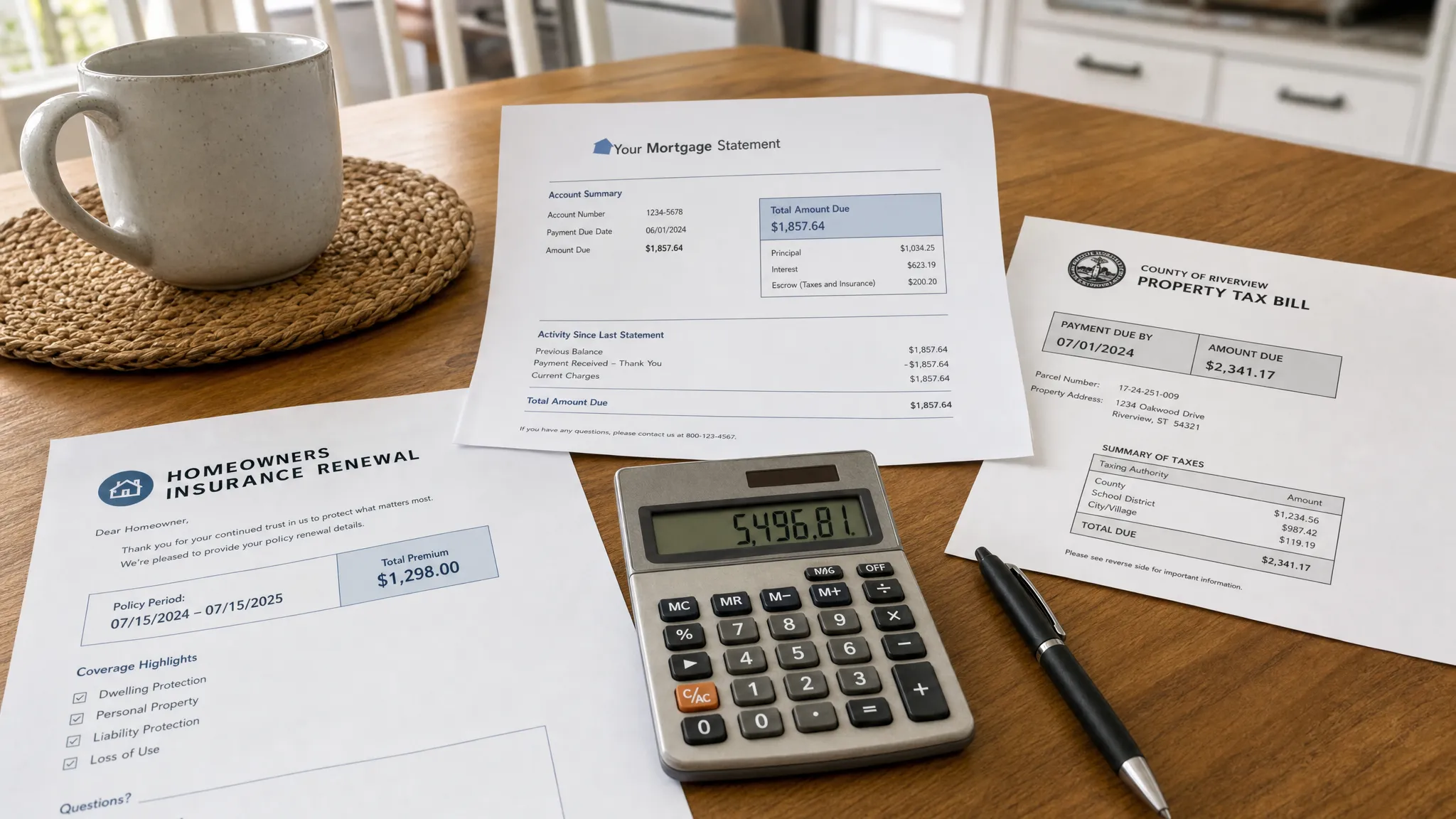 A kitchen table with a mortgage statement, property tax bill, homeowners insurance renewal, calculator, and pen, showing the real-world pieces that make up a changing home payment.