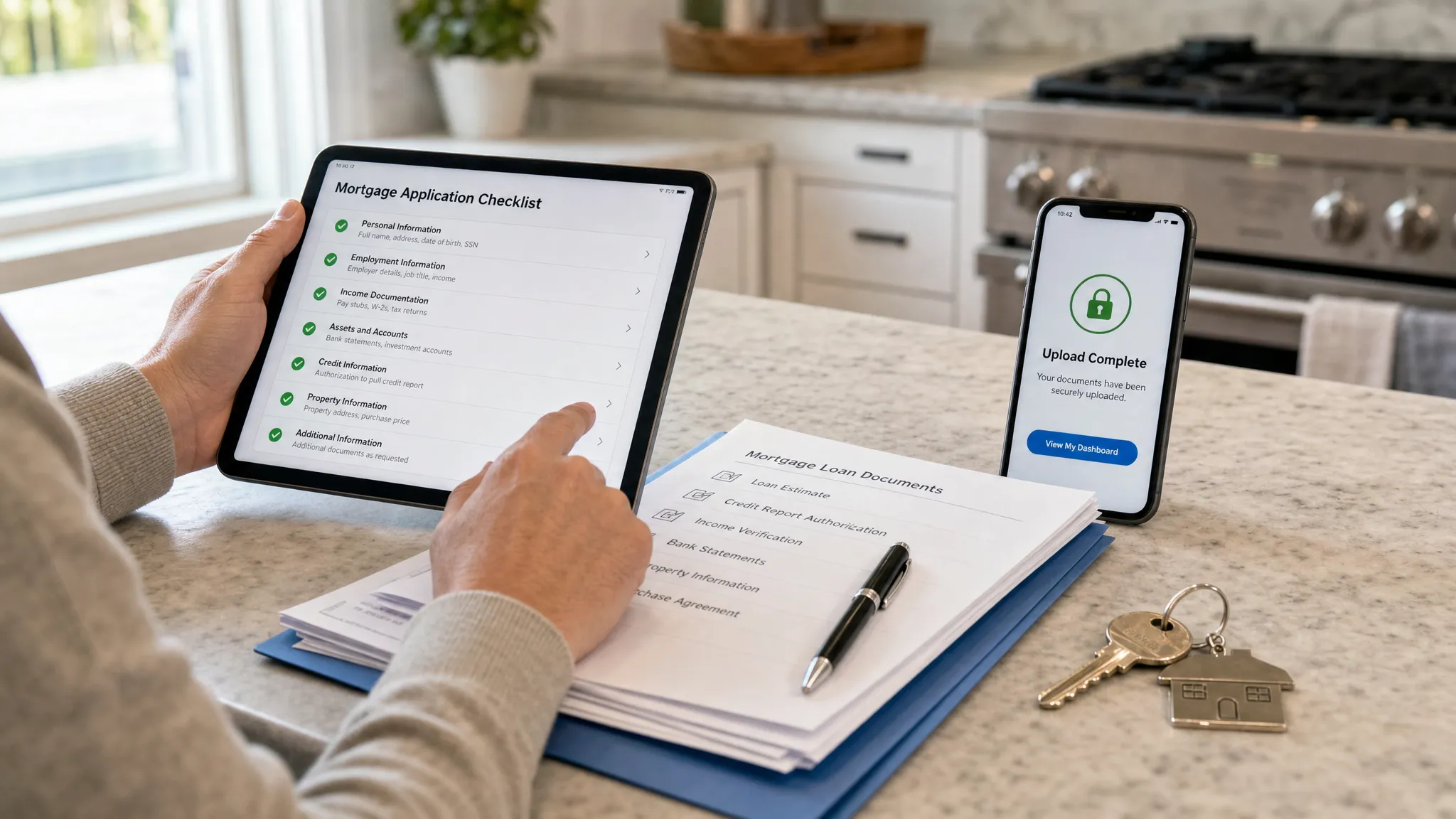 A homeowner reviewing a mortgage checklist on a tablet beside organized loan documents, with a phone showing a secure upload confirmation and a house key on a kitchen counter.