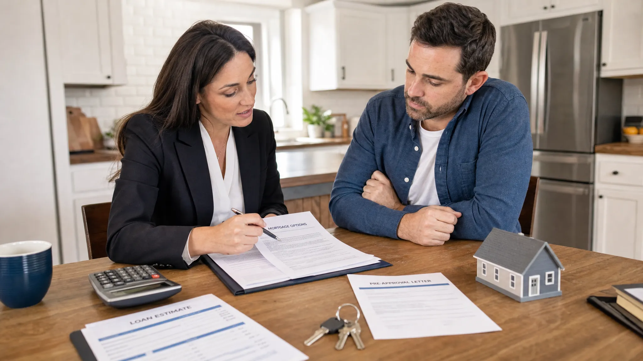 A home buyer reviews mortgage options with a loan advisor across a kitchen table, with house keys, loan documents, and a calculator visible beside a small model home.