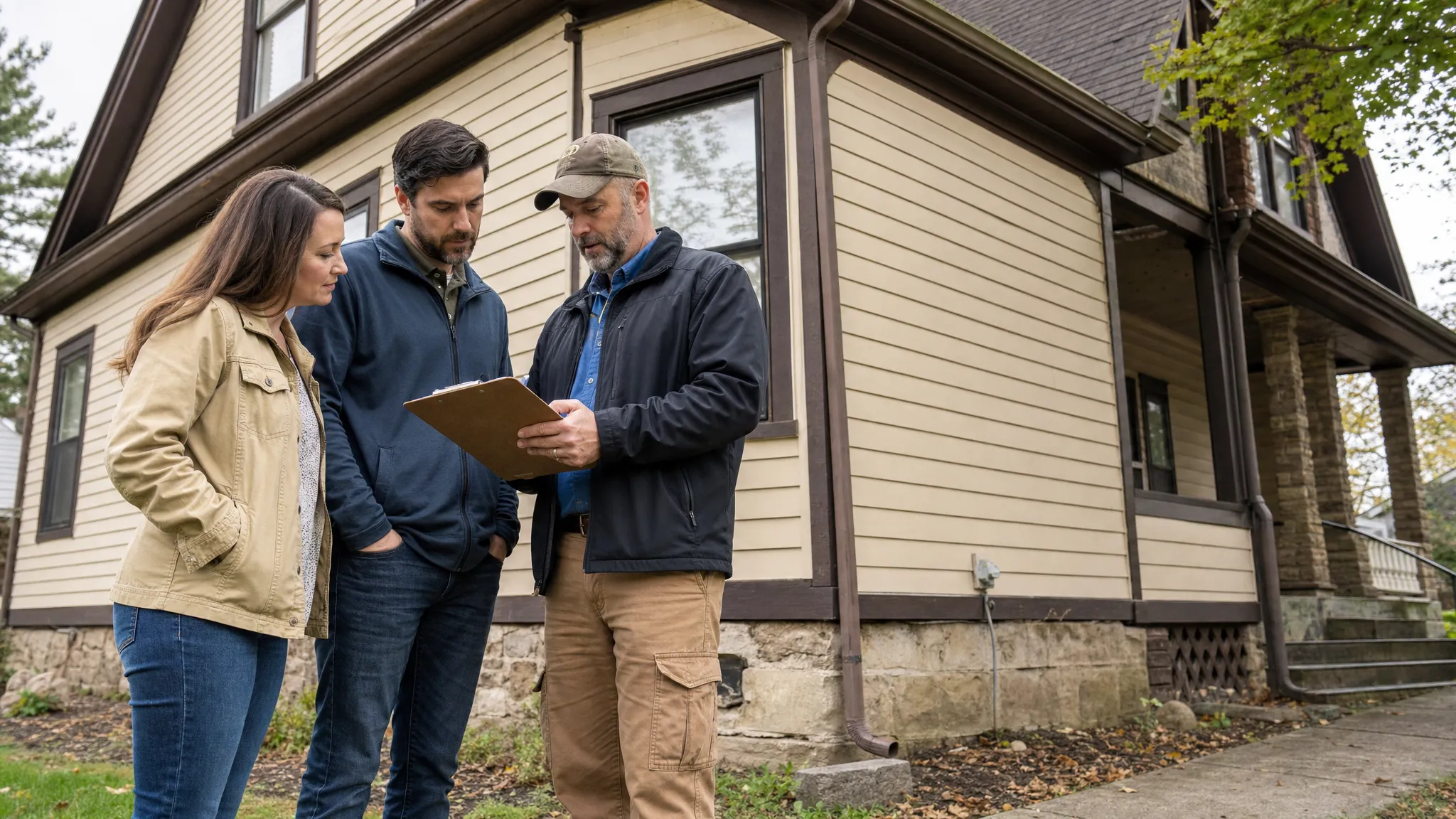 A home buyer, real estate agent, and inspector standing outside an older house while reviewing inspection notes on a clipboard, with visible exterior details such as roofline, foundation, and gutters.
