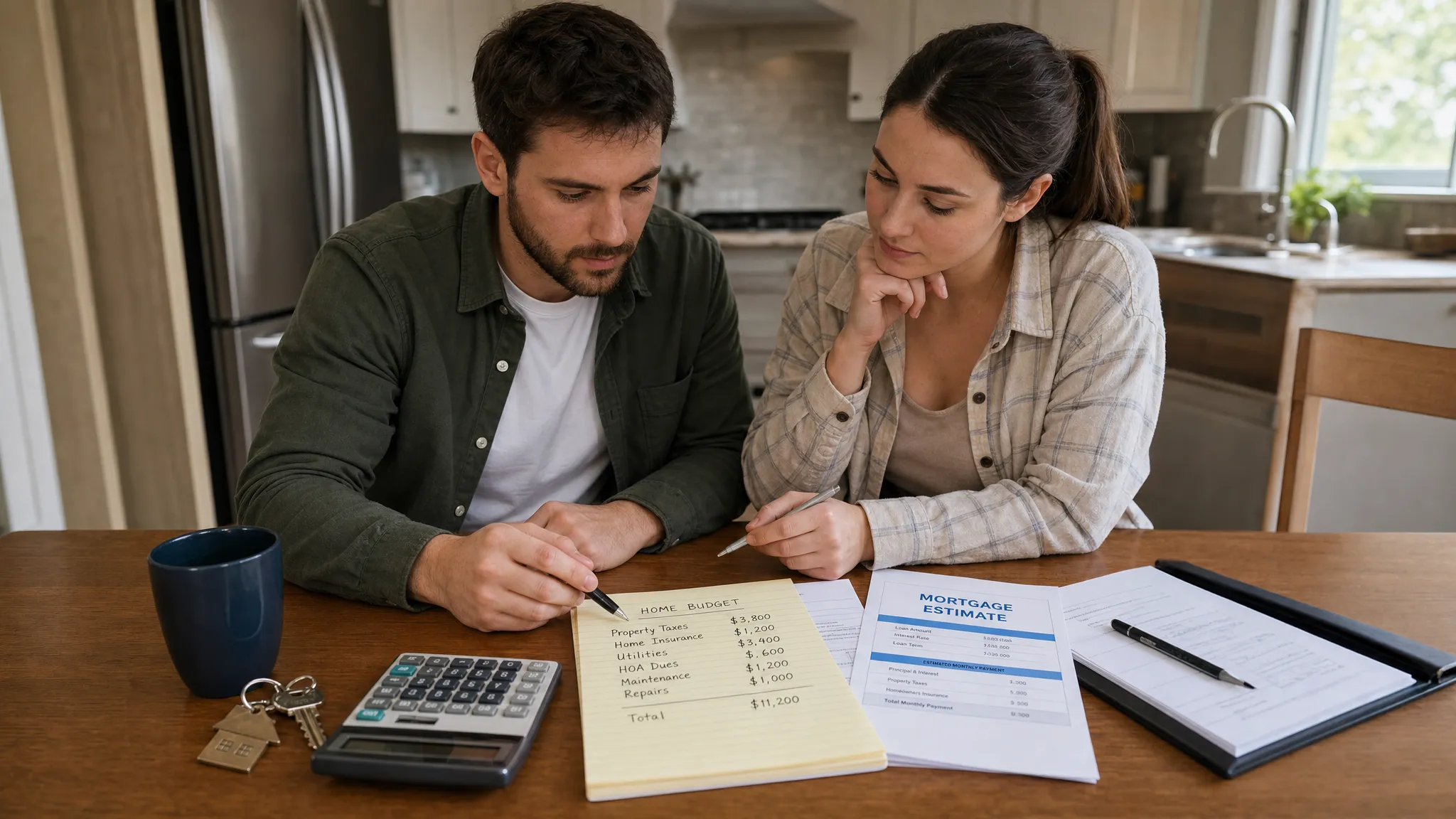 A couple sits at a kitchen table with house keys, mortgage paperwork, a calculator, and a handwritten home budget worksheet, reviewing costs beyond the down payment.