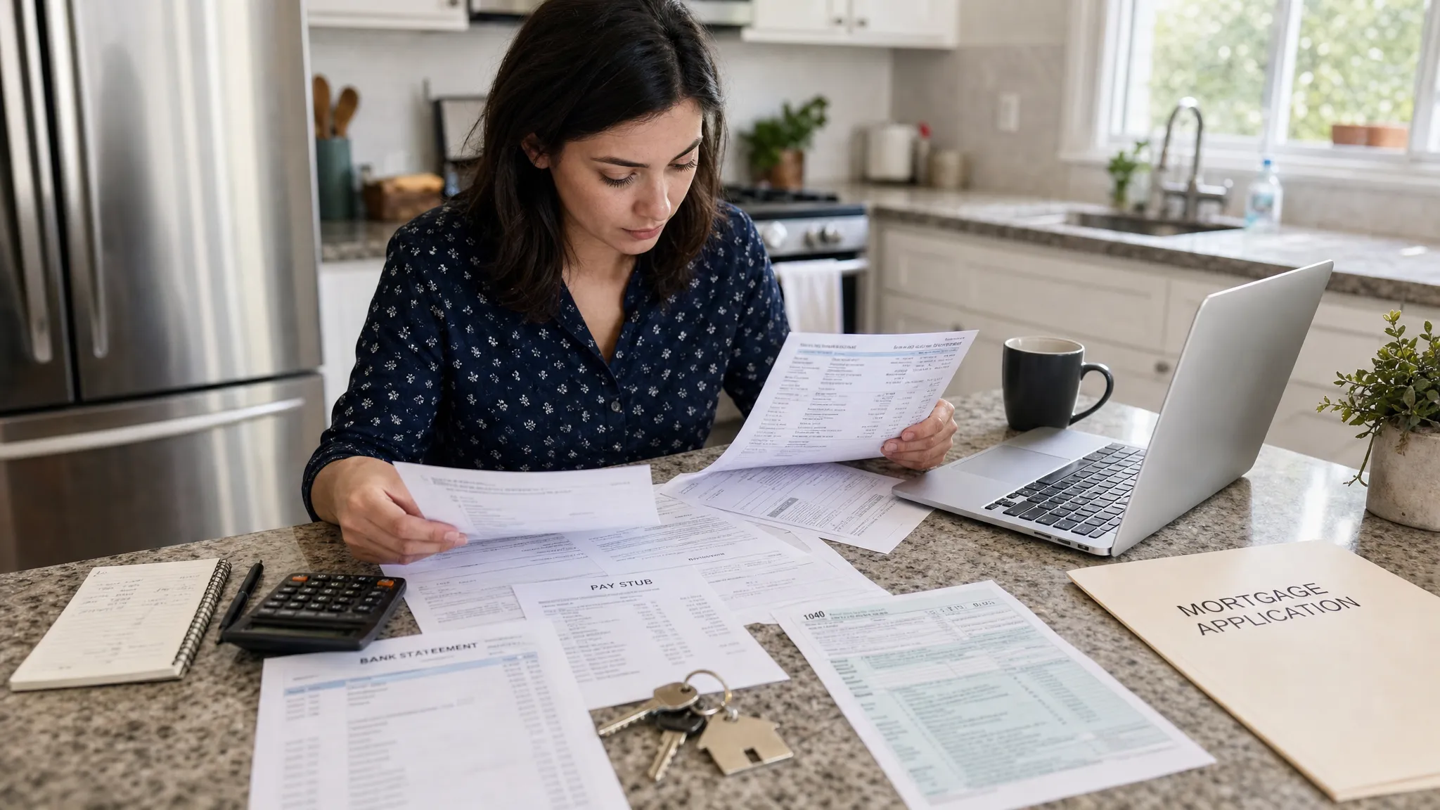 A homebuyer organizing mortgage application documents, including pay stubs, bank statements, tax forms, a calculator, and house keys spread across a kitchen counter with a laptop open nearby.