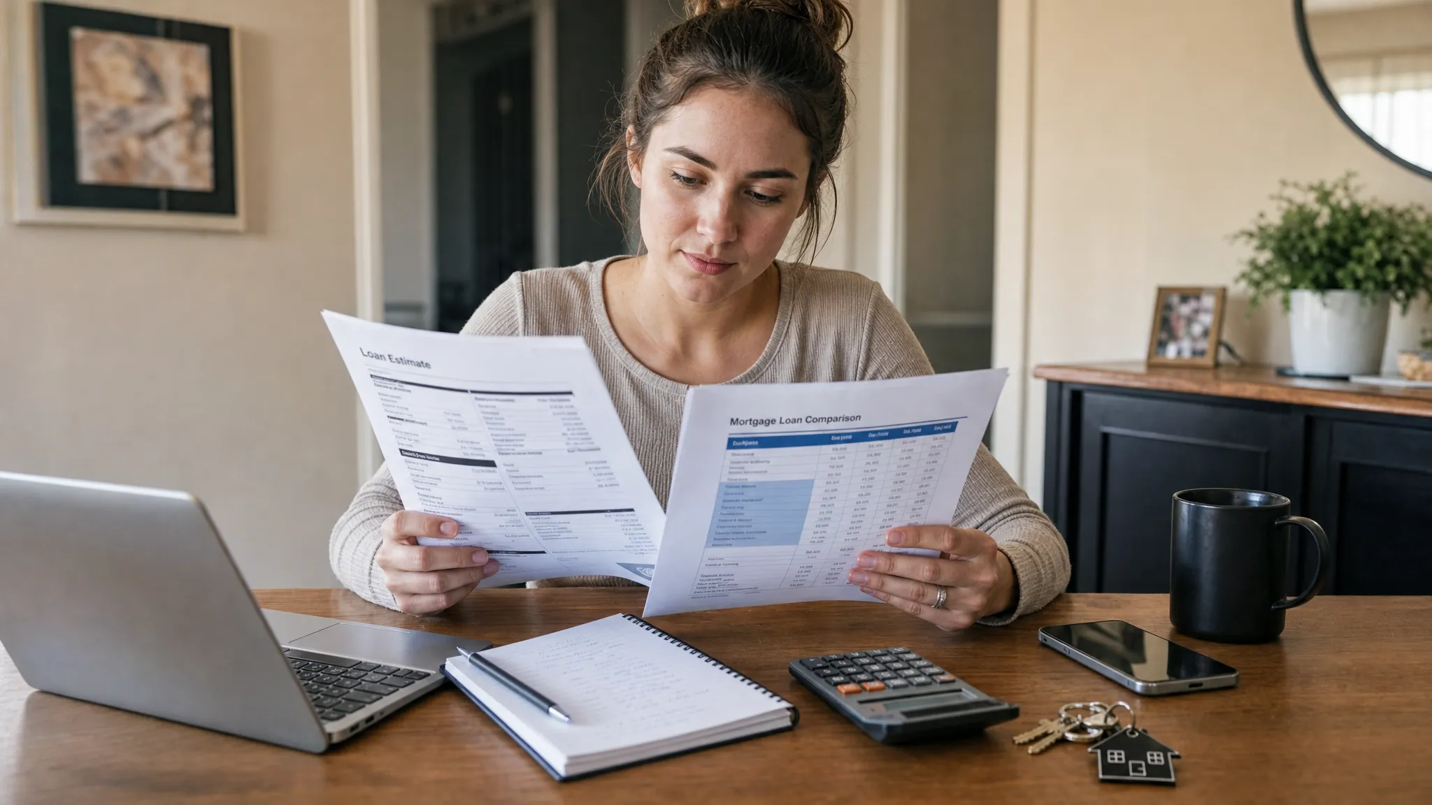 A first-time home buyer reviewing mortgage documents at a dining table with a notebook, calculator, and house keys nearby, comparing loan details in a calm and organized setting.