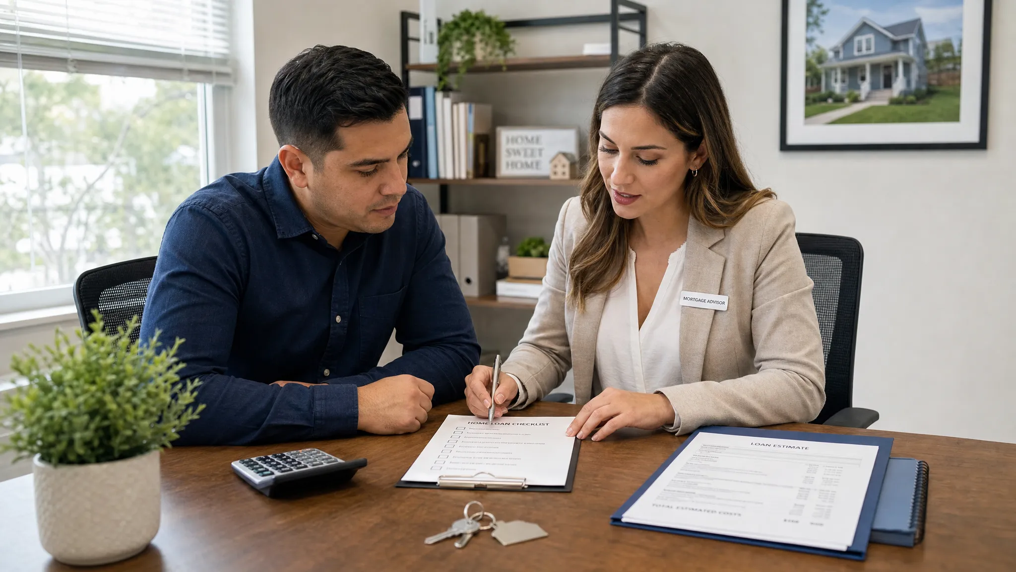 A homebuyer and mortgage advisor review a paper checklist, calculator, house keys, and loan documents across a small meeting table in a bright office, with both people seated side by side and focused on the paperwork.