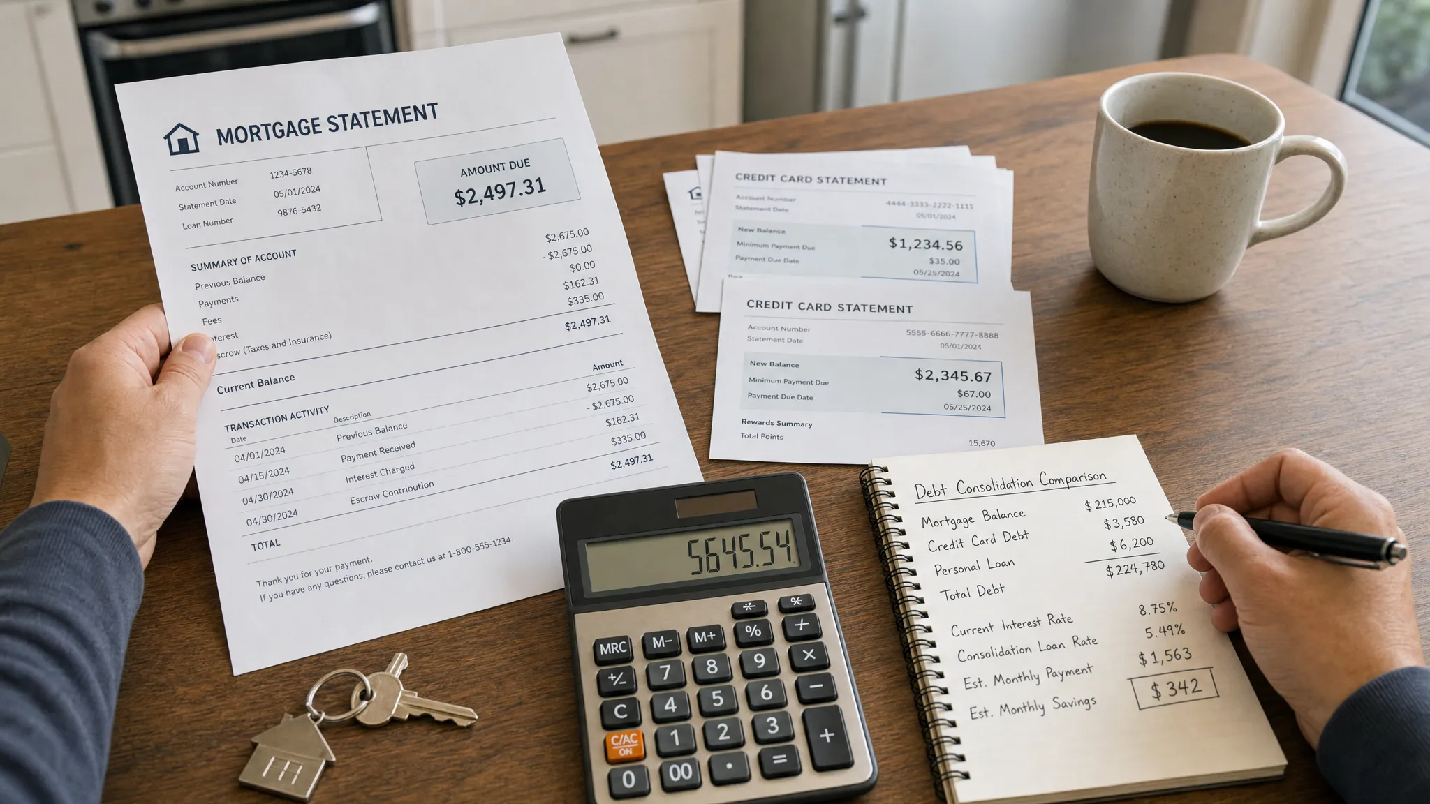 A kitchen table with a mortgage statement, credit card bills, a calculator, a notebook, and house keys, showing a homeowner comparing consolidation costs.