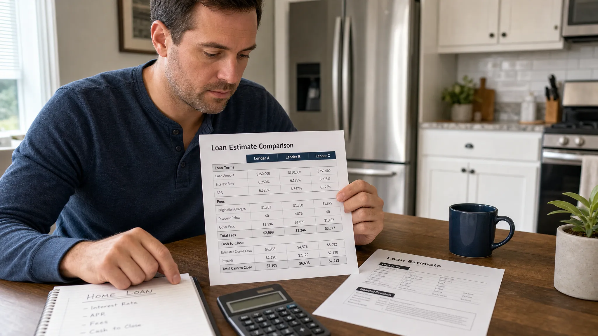 A homeowner reviewing mortgage loan estimates at a kitchen table with a calculator, notebook, and printed documents showing interest rate, APR, fees, and cash to close comparisons.
