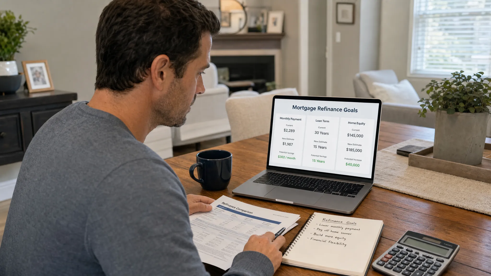 A homeowner reviews mortgage refinance goals at a dining table with documents, a calculator, and a laptop open facing the camera, comparing monthly payment, loan term, and home equity notes.