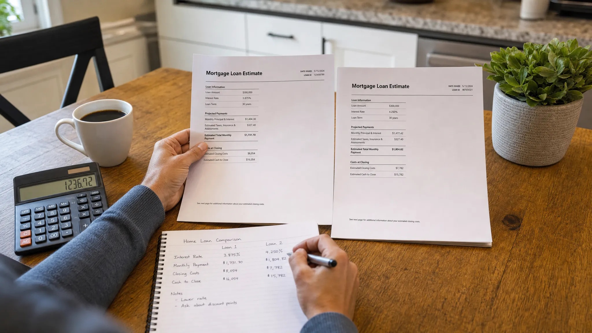 A kitchen table with mortgage loan estimate documents, a calculator, a pen, and a cup of coffee, showing a borrower comparing home loan numbers in an organized way.