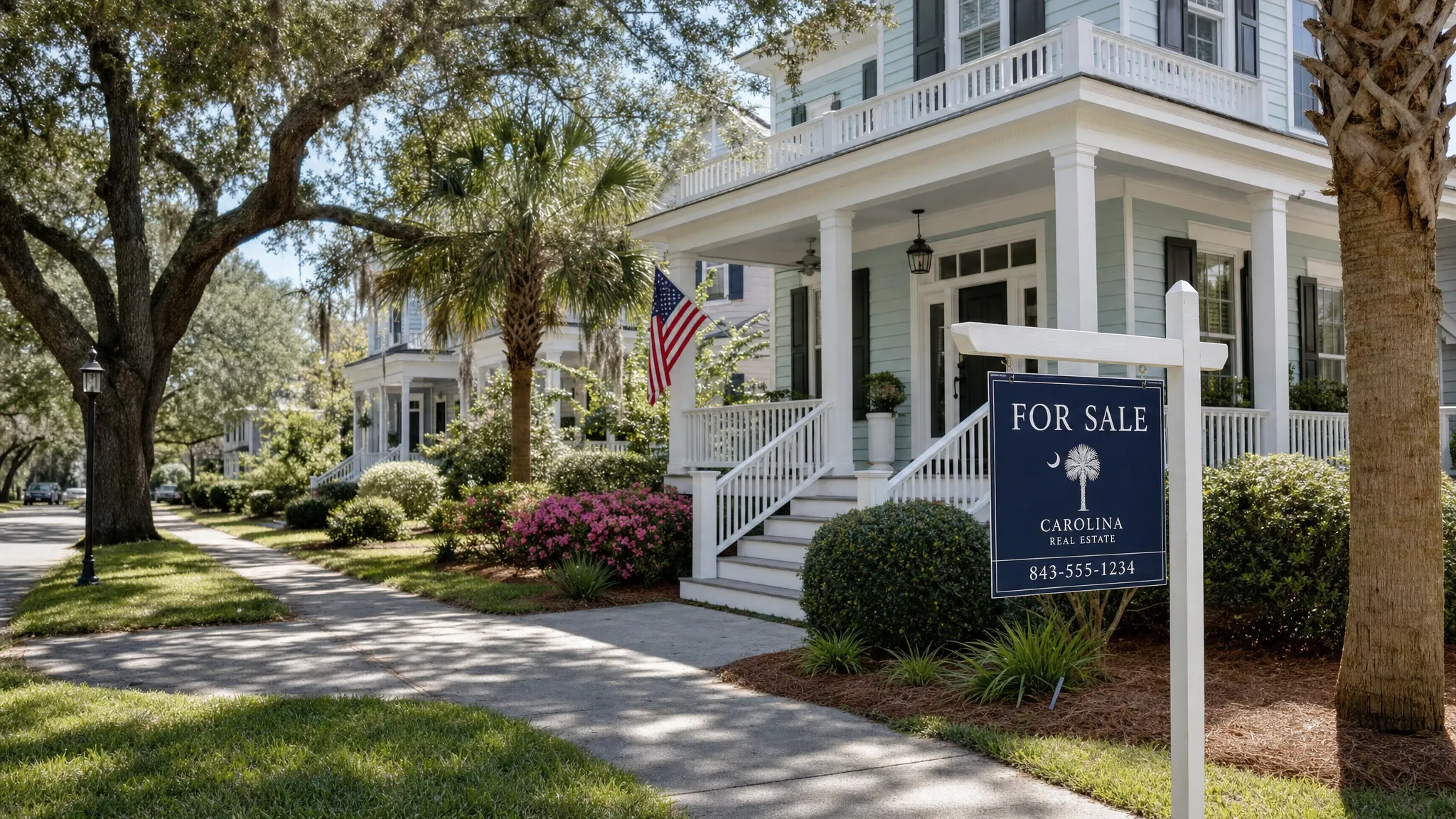 A South Carolina neighborhood with a mix of coastal-style homes, live oak trees, and a for-sale sign in front of a house, representing local homebuying and mortgage planning.