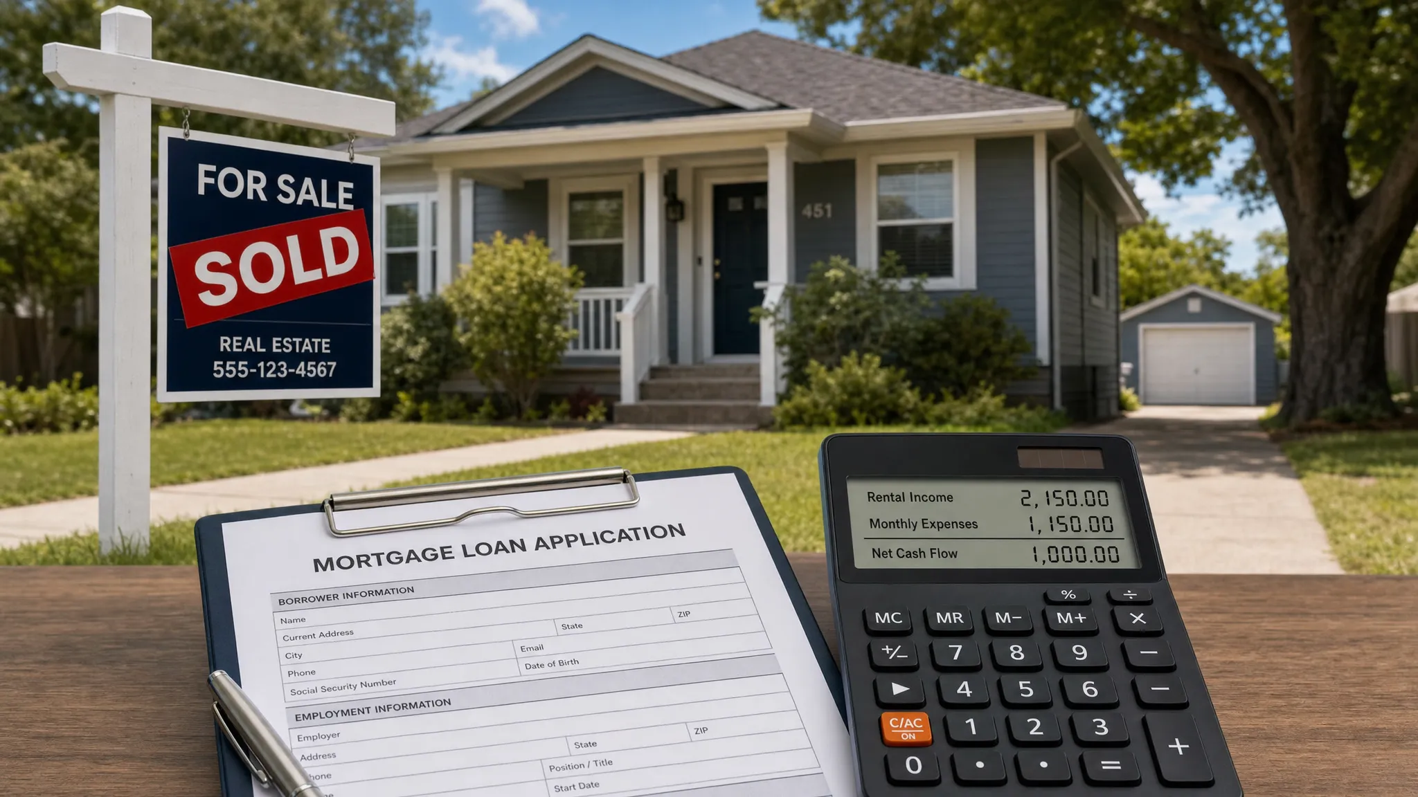 A small residential rental property with a sold sign in the yard, a clipboard with mortgage documents, and a calculator showing rental income and monthly expenses.
