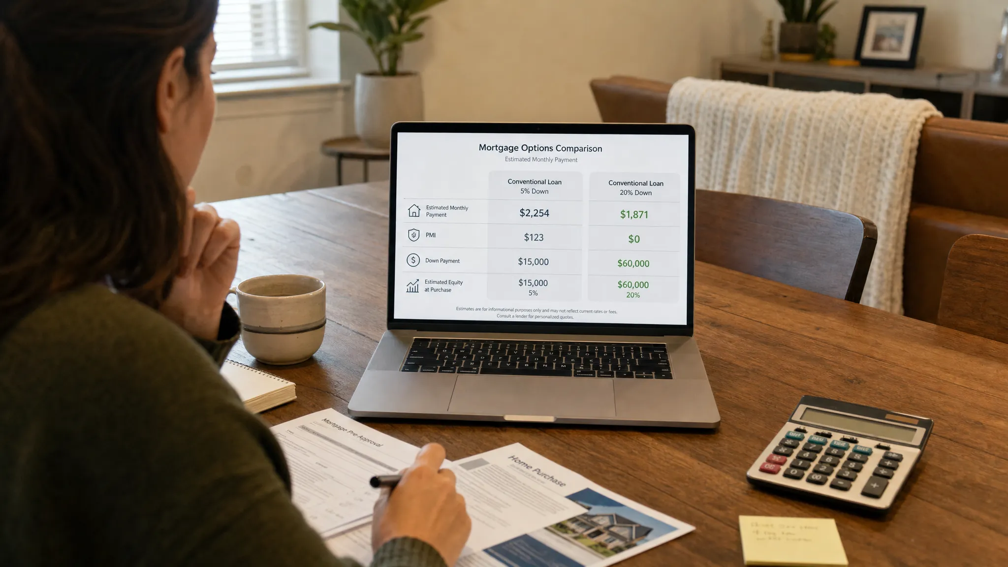 A homebuyer reviews mortgage options at a dining table with documents, a calculator, and a laptop facing the camera showing a simple comparison of loan payments, PMI, down payment, and equity.
