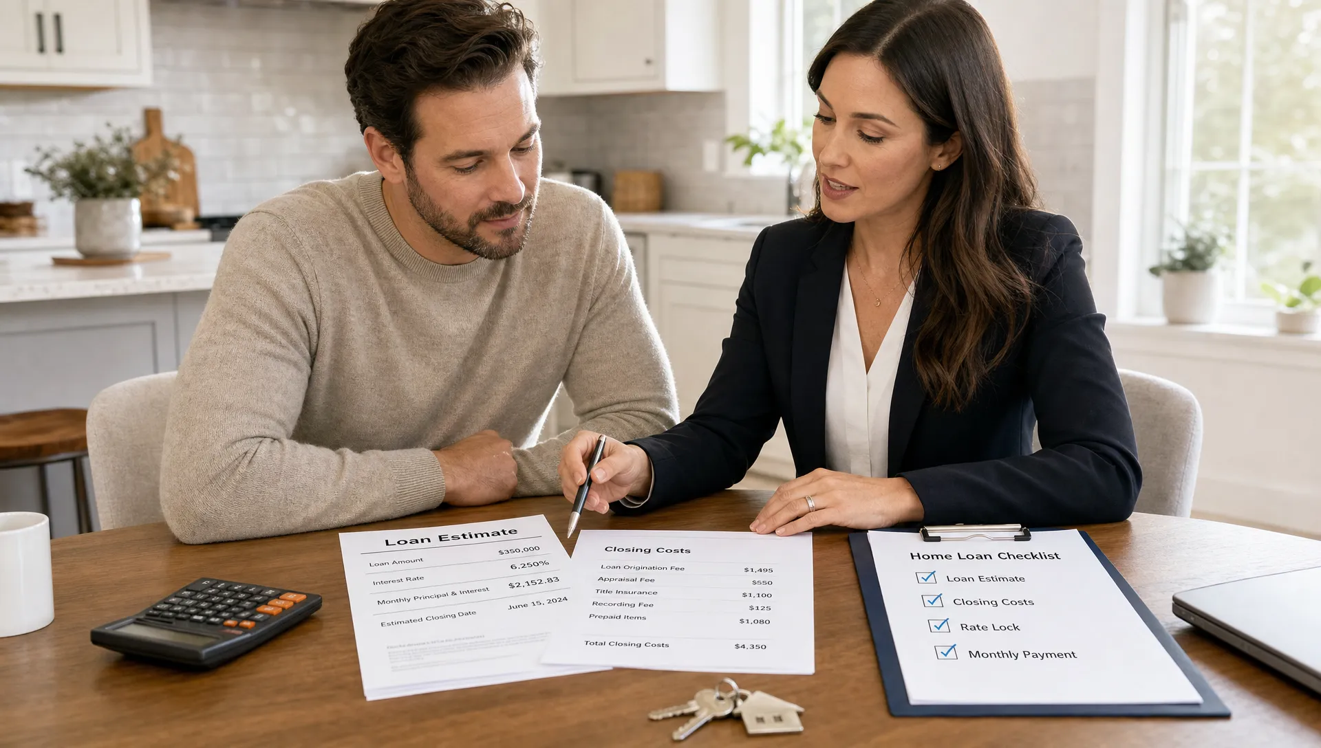 A borrower and mortgage advisor reviewing organized home loan documents at a bright kitchen table, with a calculator, house keys, and a simple checklist showing loan estimate, closing costs, rate lock, and monthly payment.