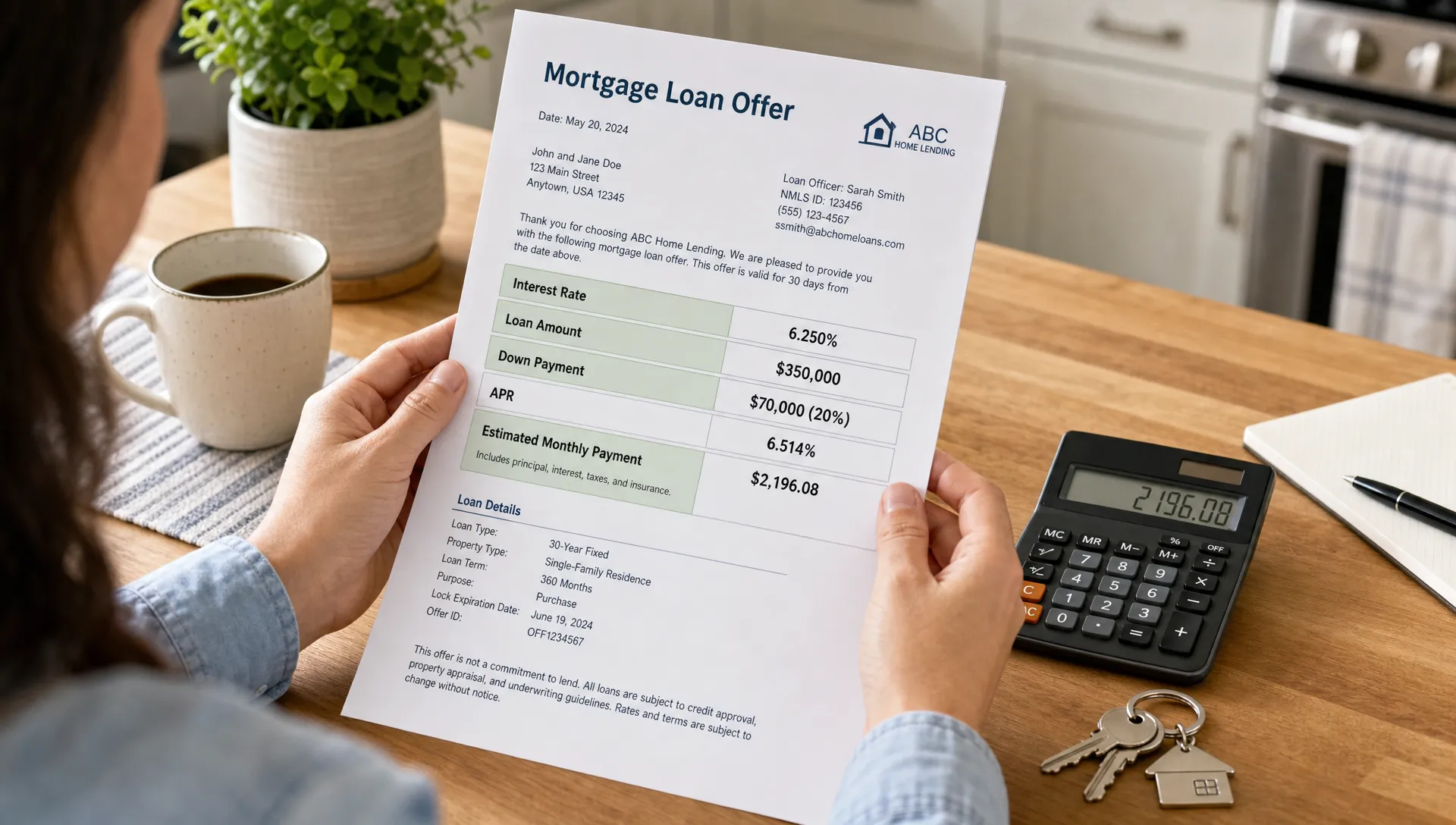 A borrower reviewing a mortgage offer with highlighted sections for interest rate, loan amount, down payment, APR, and estimated monthly payment on a clean kitchen table beside a calculator and house keys.
