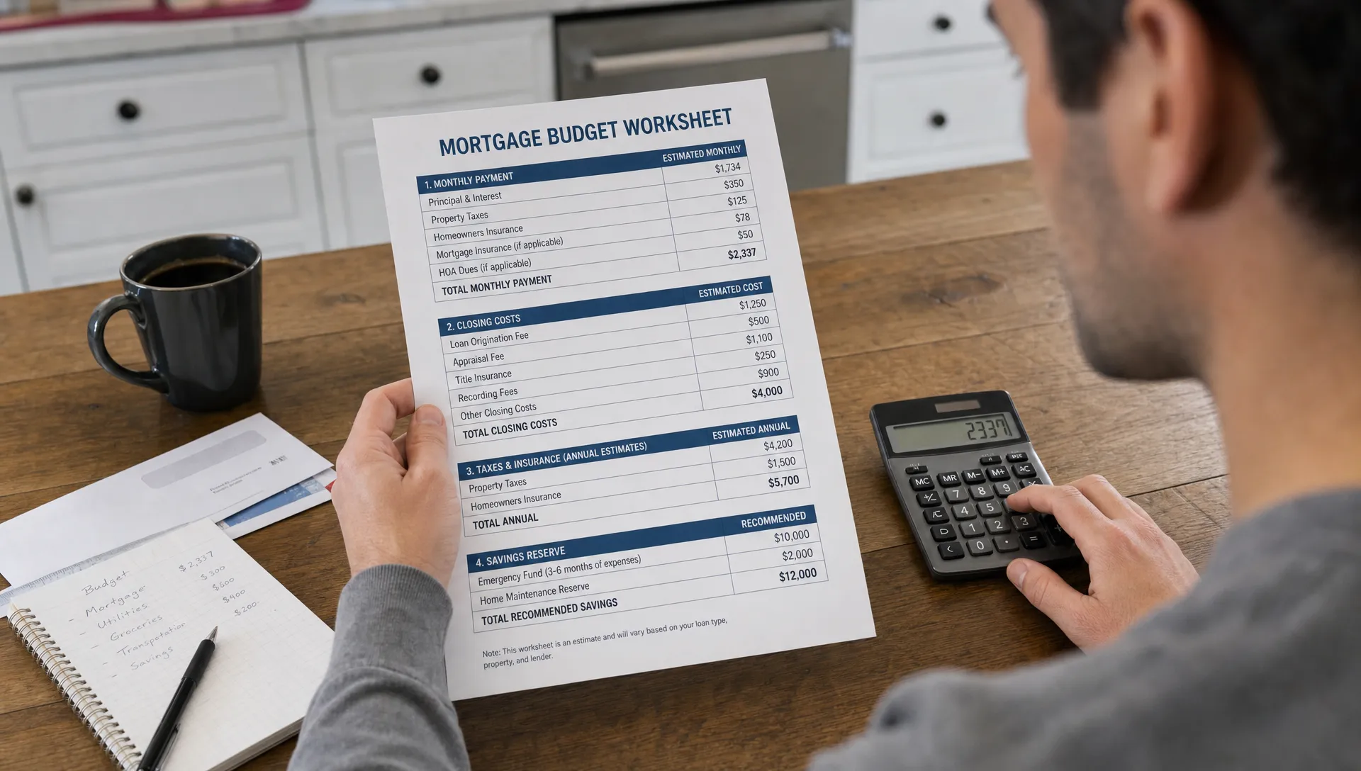 A borrower reviewing a mortgage budget worksheet with a calculator, showing sections for monthly payment, closing costs, taxes, insurance, and savings reserve on a kitchen table.