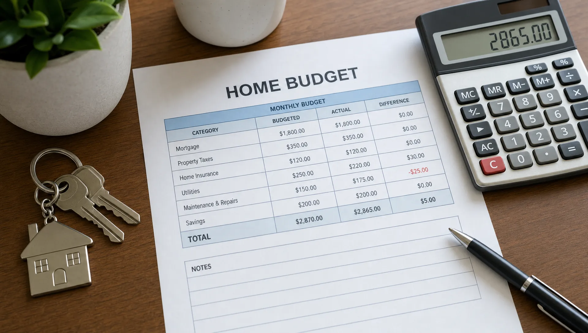 A home budget worksheet on a kitchen table showing mortgage, taxes, insurance, utilities, maintenance, and savings categories beside house keys and a calculator.