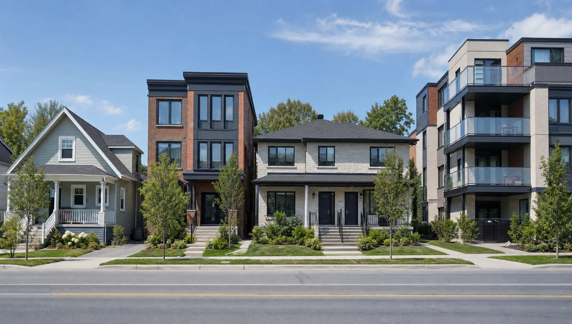 A residential street showing several property types, including a single-family home, a townhouse, a small duplex, and a modern condo building, illustrating how different homes can require different loan considerations.